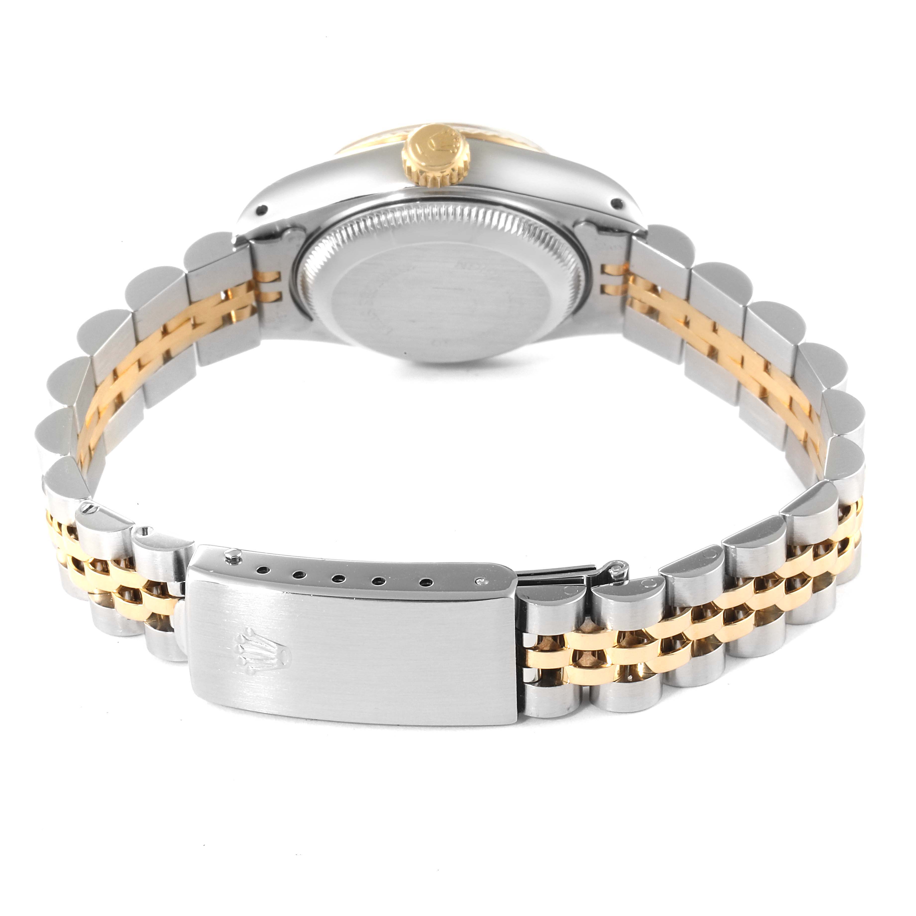 The image shows the back and clasp of a Rolex Datejust 69173 Women's Steel and Gold (two tone) Beige Dial 69173 Women's Steel and Gold (two tone) Beige Dial watch, highlighting the jubilee bracelet and golden crown.