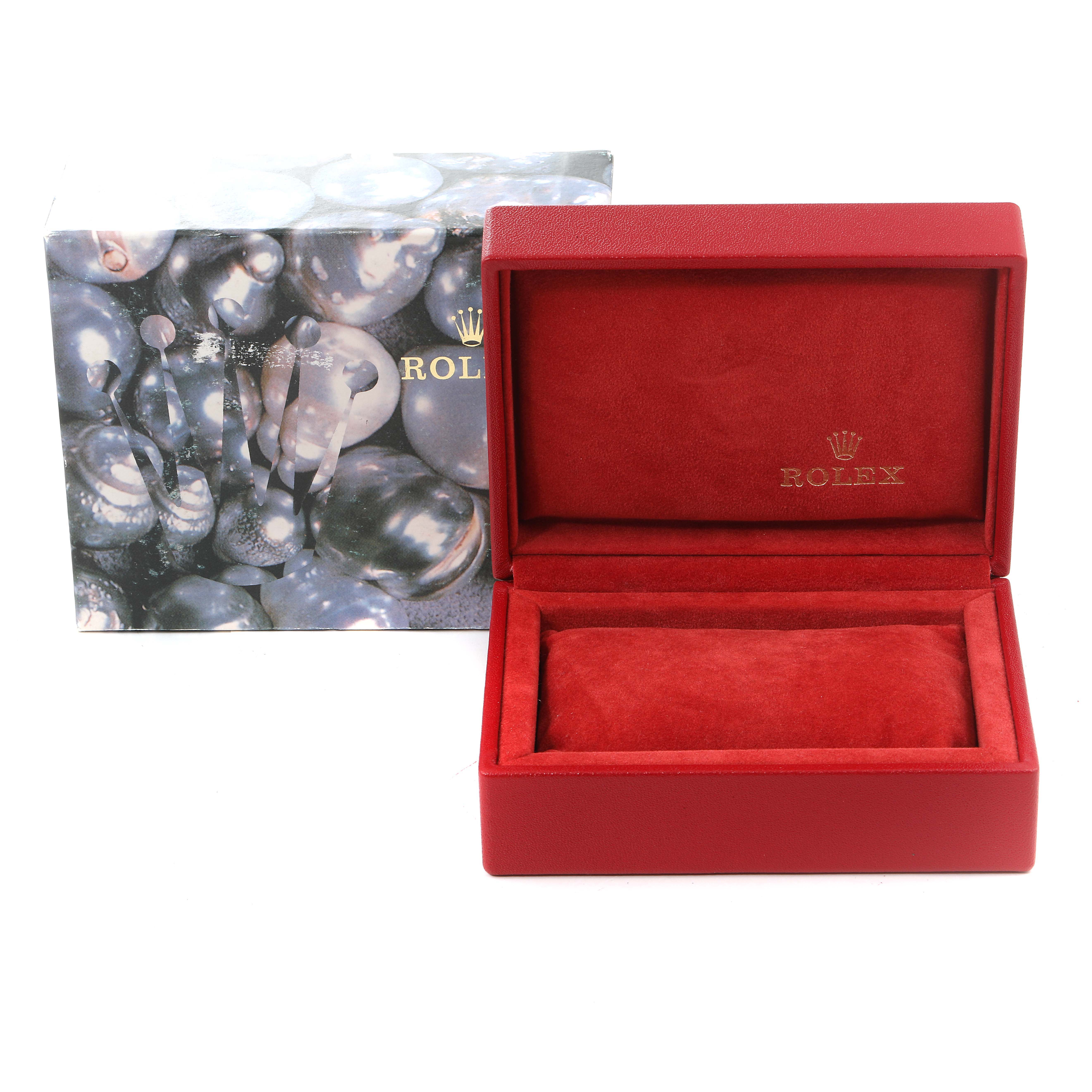 The image shows a red Rolex Datejust 69173 Women's Steel and Gold (two tone) Beige Dial 69173 Women's Steel and Gold (two tone) Beige Dial watch box with the lid open, alongside its outer cover.