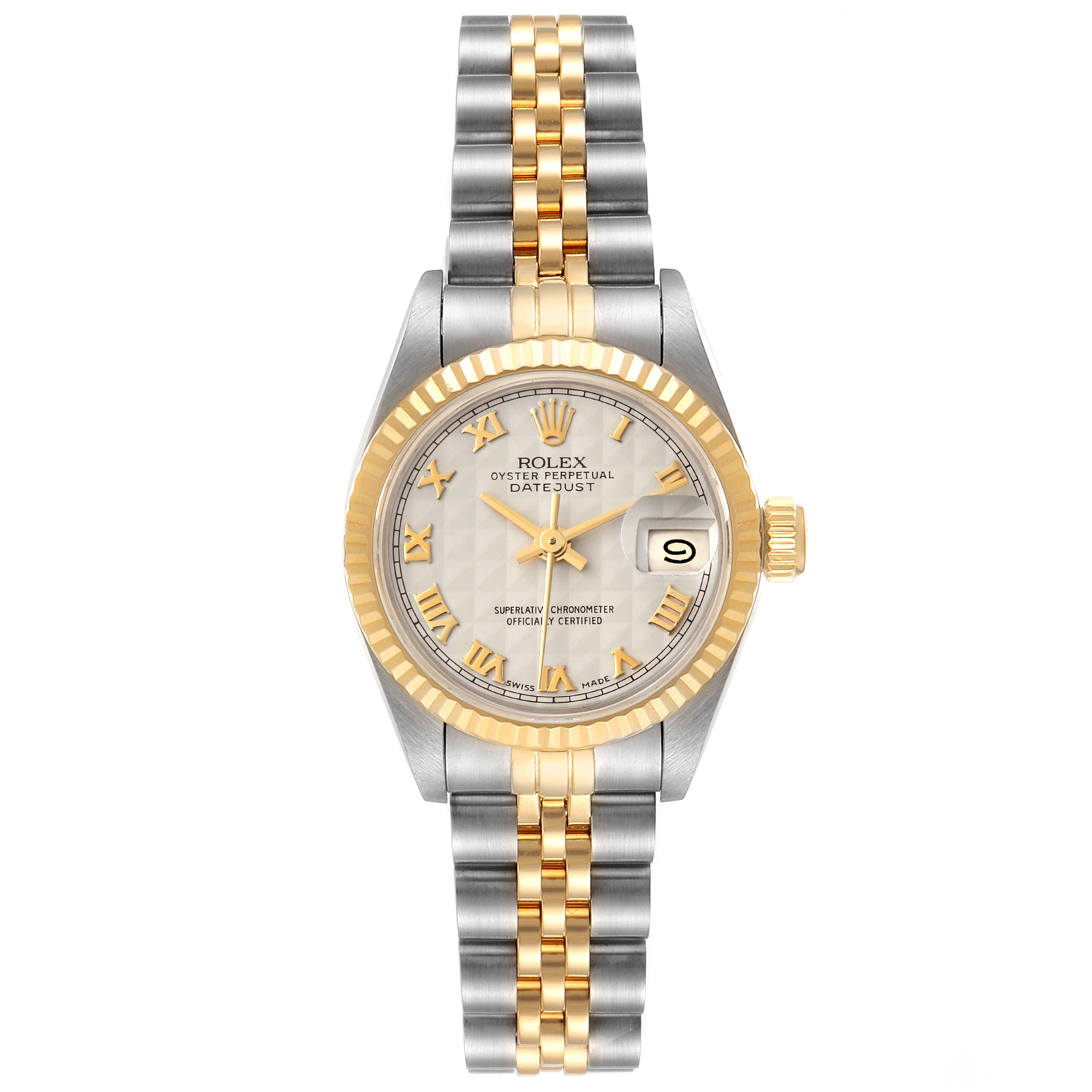This is a frontal view of a Rolex Datejust 69173 Women's Steel and Gold (two tone) Beige Dial 69173 Women's Steel and Gold (two tone) Beige Dial watch, showing the face, bezel, and bracelet.