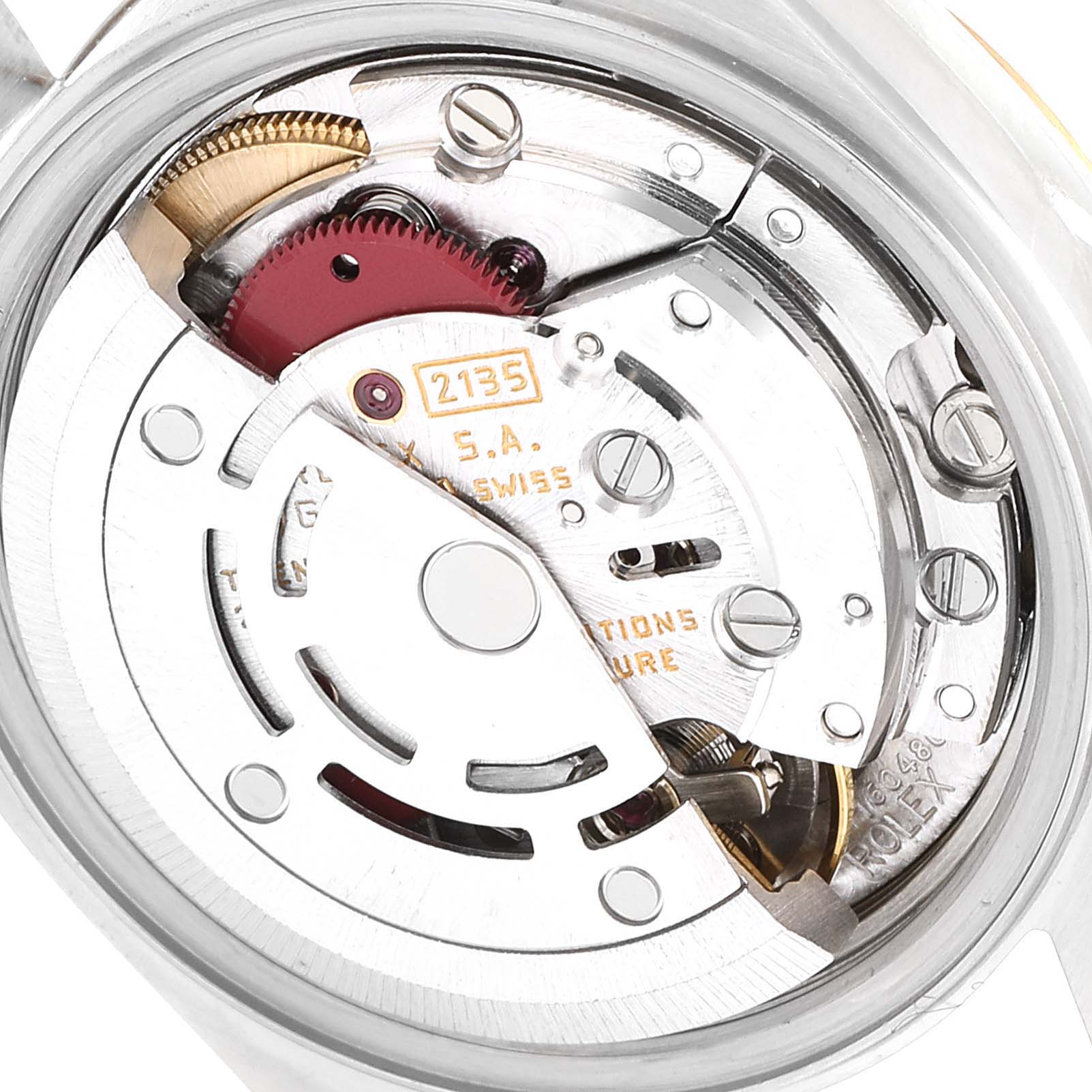 This image shows the movement and internal mechanism of a Rolex Datejust 69173 Women's Steel and Gold (two tone) Beige Dial 69173 Women's Steel and Gold (two tone) Beige Dial watch from an overhead angle.
