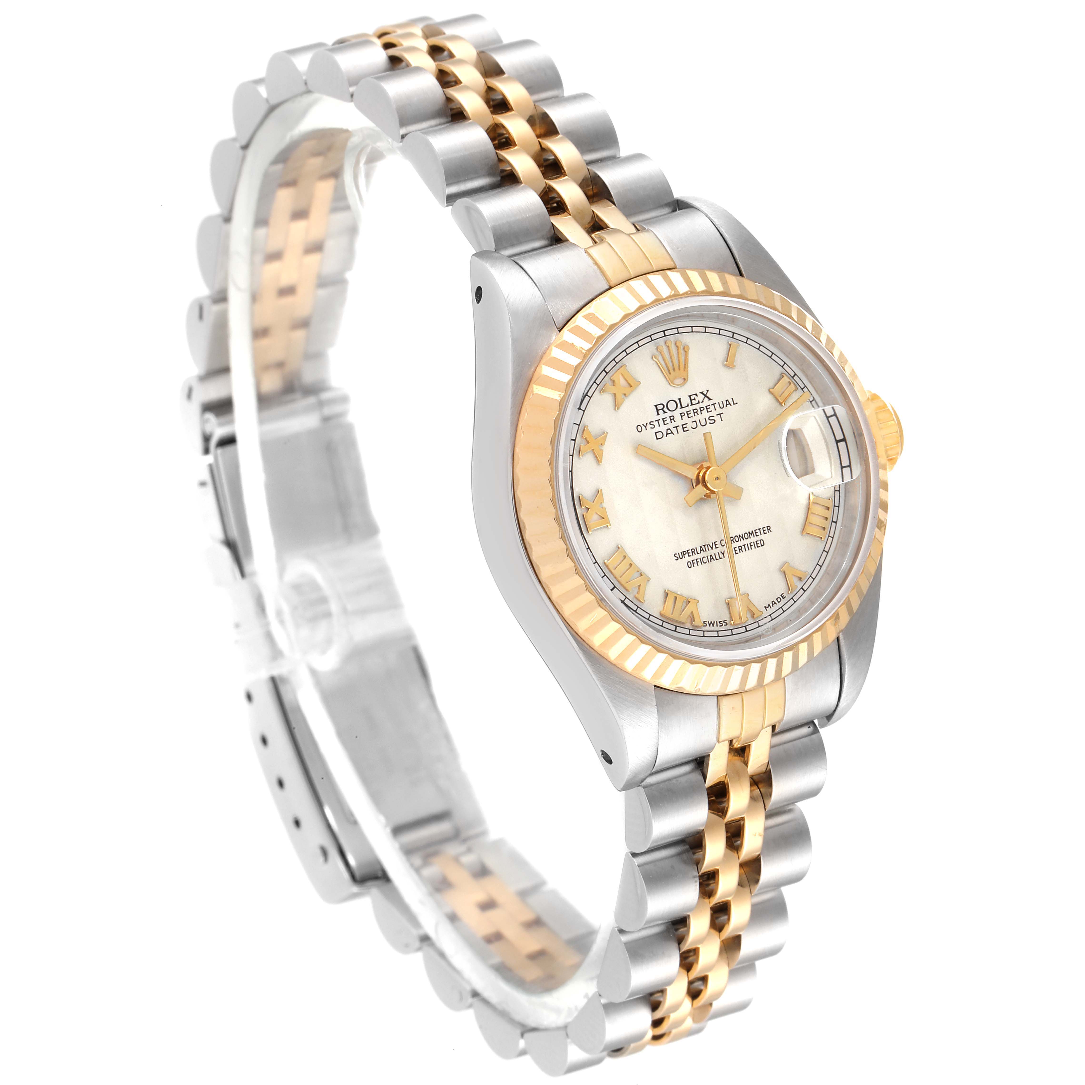 The image shows a Rolex Datejust 69173 Women's Steel and Gold (two tone) Beige Dial 69173 Women's Steel and Gold (two tone) Beige Dial watch at a three-quarter angle, highlighting its two-tone bracelet and dial.