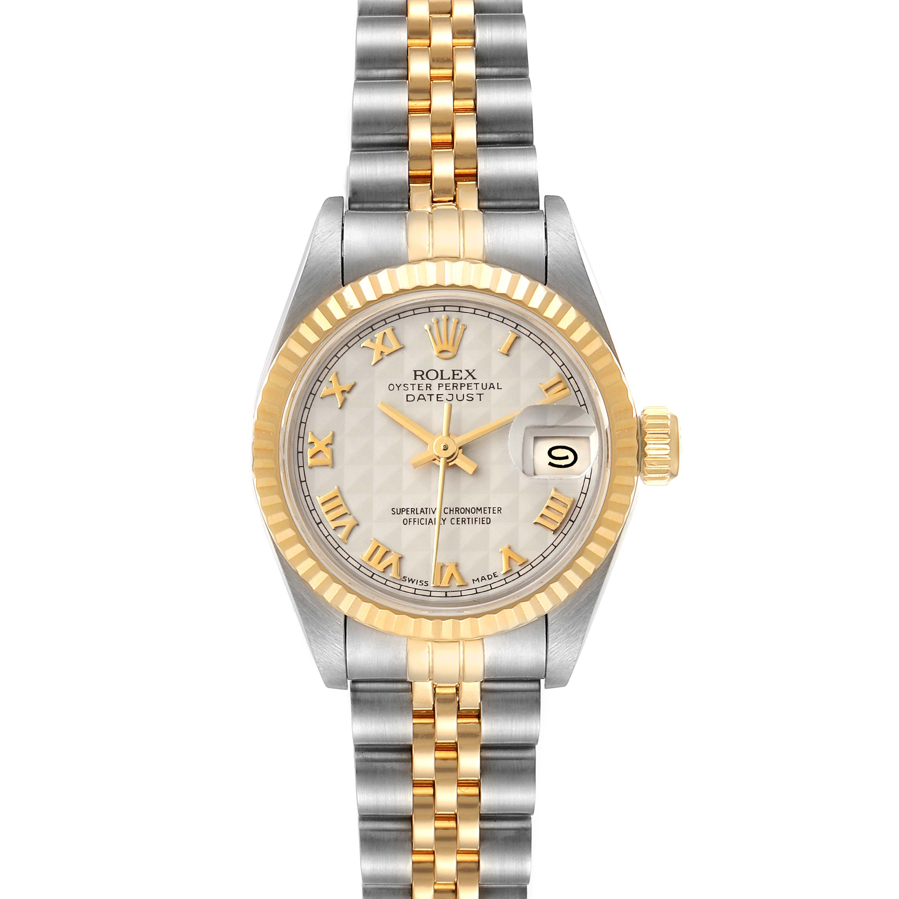 This image shows a front view of a Rolex Datejust 69173 Women's Steel and Gold (two tone) Beige Dial 69173 Women's Steel and Gold (two tone) Beige Dial watch, featuring its face, bezel, and two-tone metal bracelet.