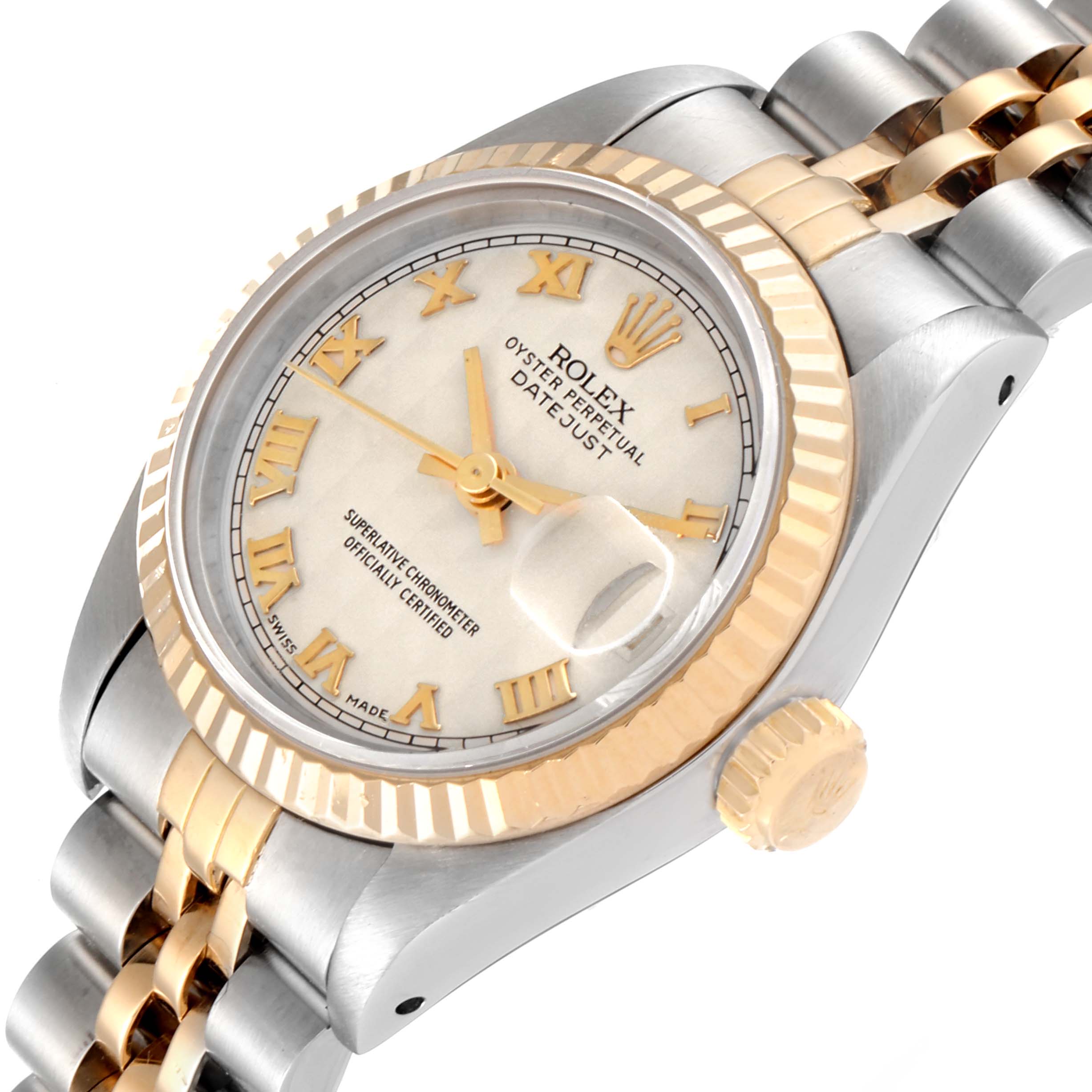 The image shows a close-up angled view of the Rolex Datejust 69173 Women's Steel and Gold (two tone) Beige Dial 69173 Women's Steel and Gold (two tone) Beige Dial watch, focusing on the dial, bezel, and part of the bracelet.