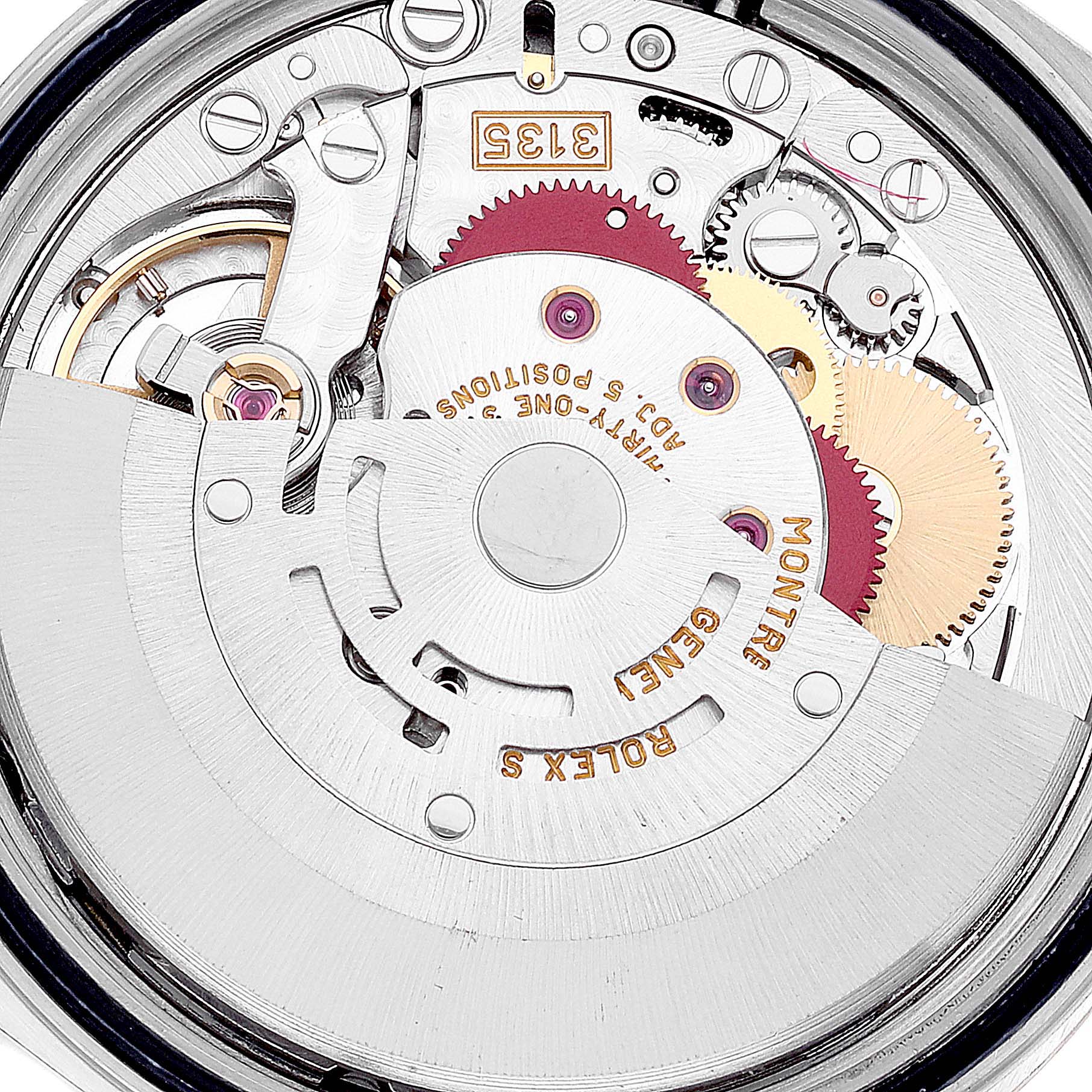 The image shows the intricate internal mechanism of a Rolex Datejust 16233 Men's Steel and Gold (two tone) Champagne Dial 16233 Men's Steel and Gold (two tone) Champagne Dial watch, viewed from the back.