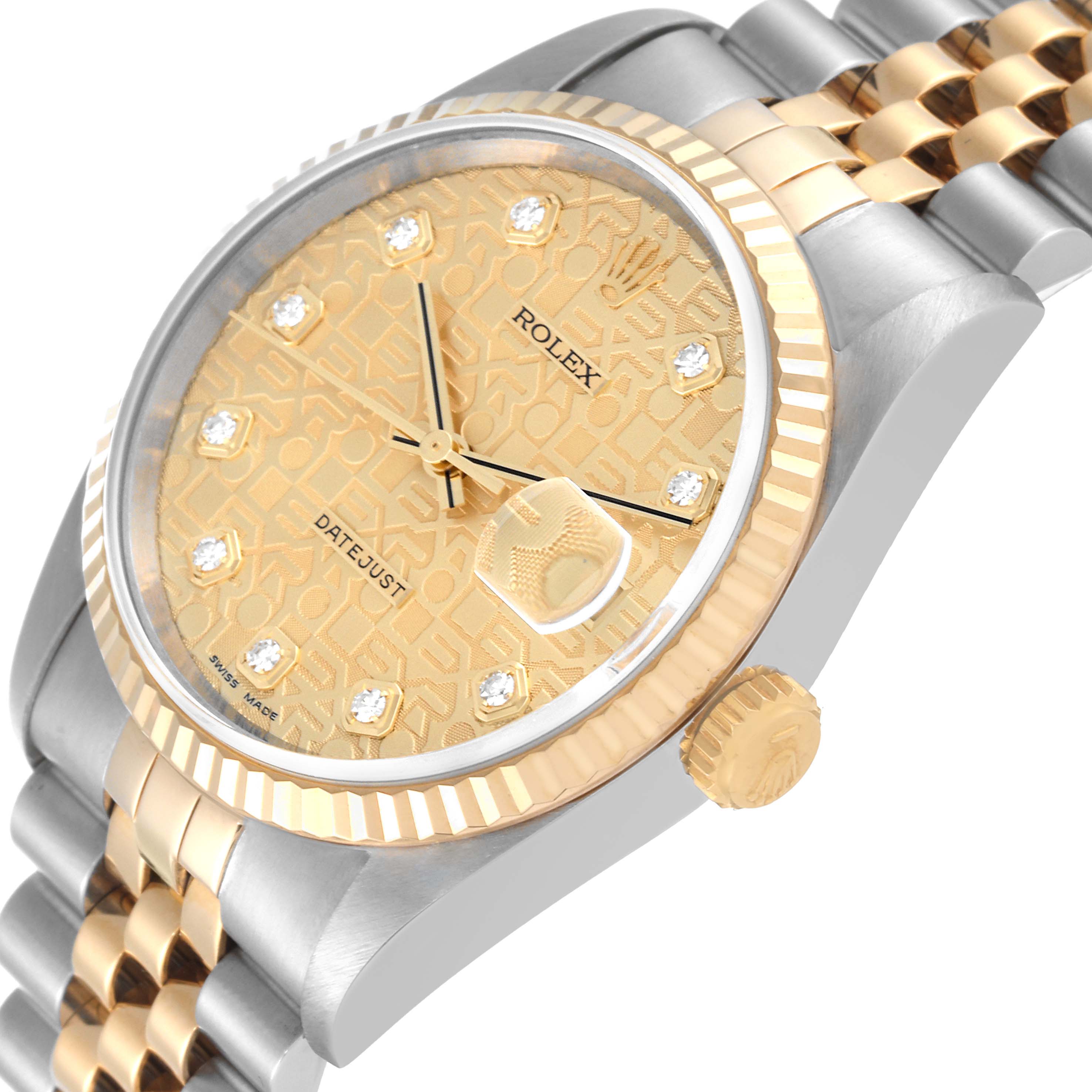 The image shows a close-up angled view of the Rolex Datejust 16233 Men's Steel and Gold (two tone) Champagne Dial 16233 Men's Steel and Gold (two tone) Champagne Dial watch, highlighting its gold dial and two-tone bracelet.