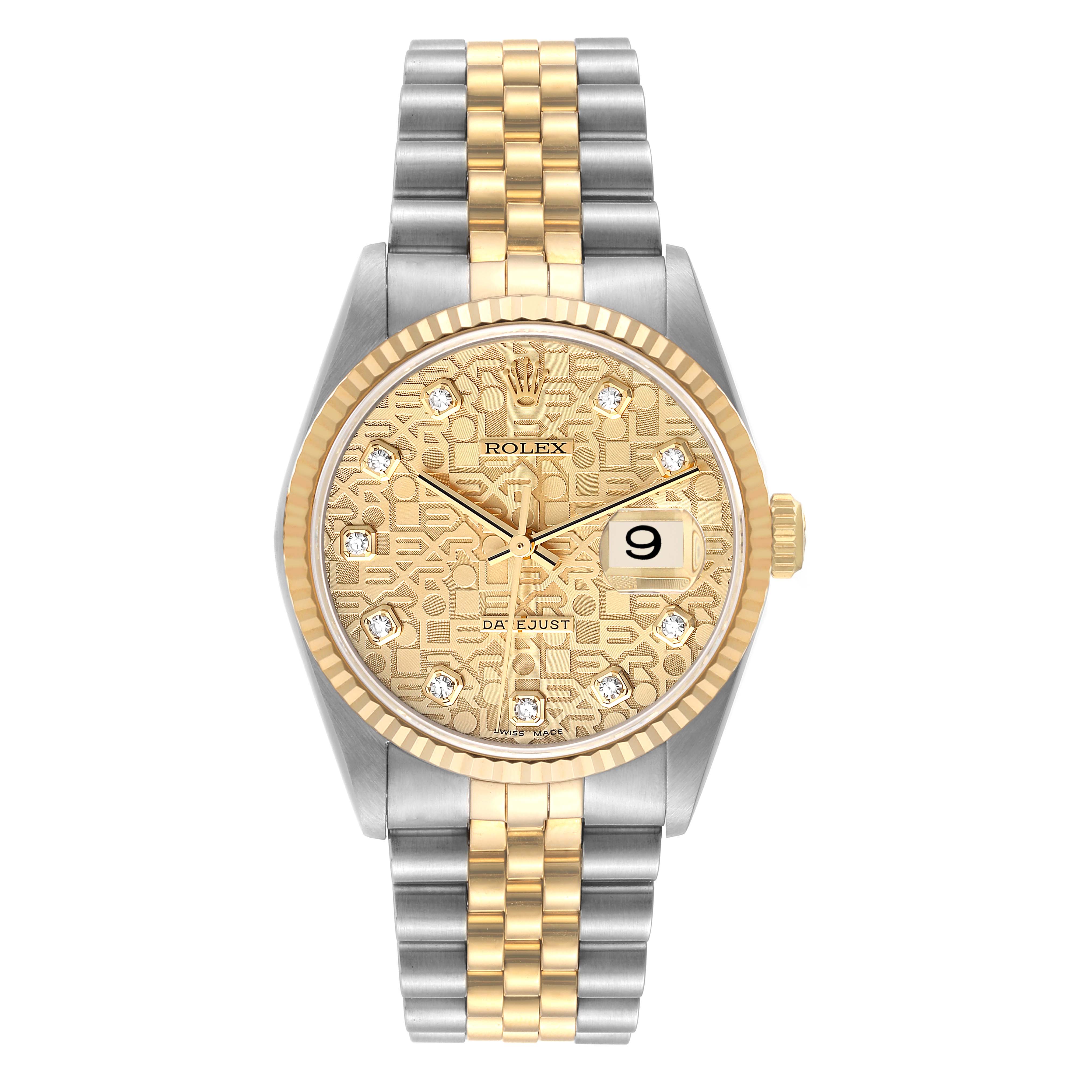 This image shows a front view of a Rolex Datejust 16233 Men's Steel and Gold (two tone) Champagne Dial 16233 Men's Steel and Gold (two tone) Champagne Dial, highlighting its gold patterned dial, date window, and two-tone bracelet.