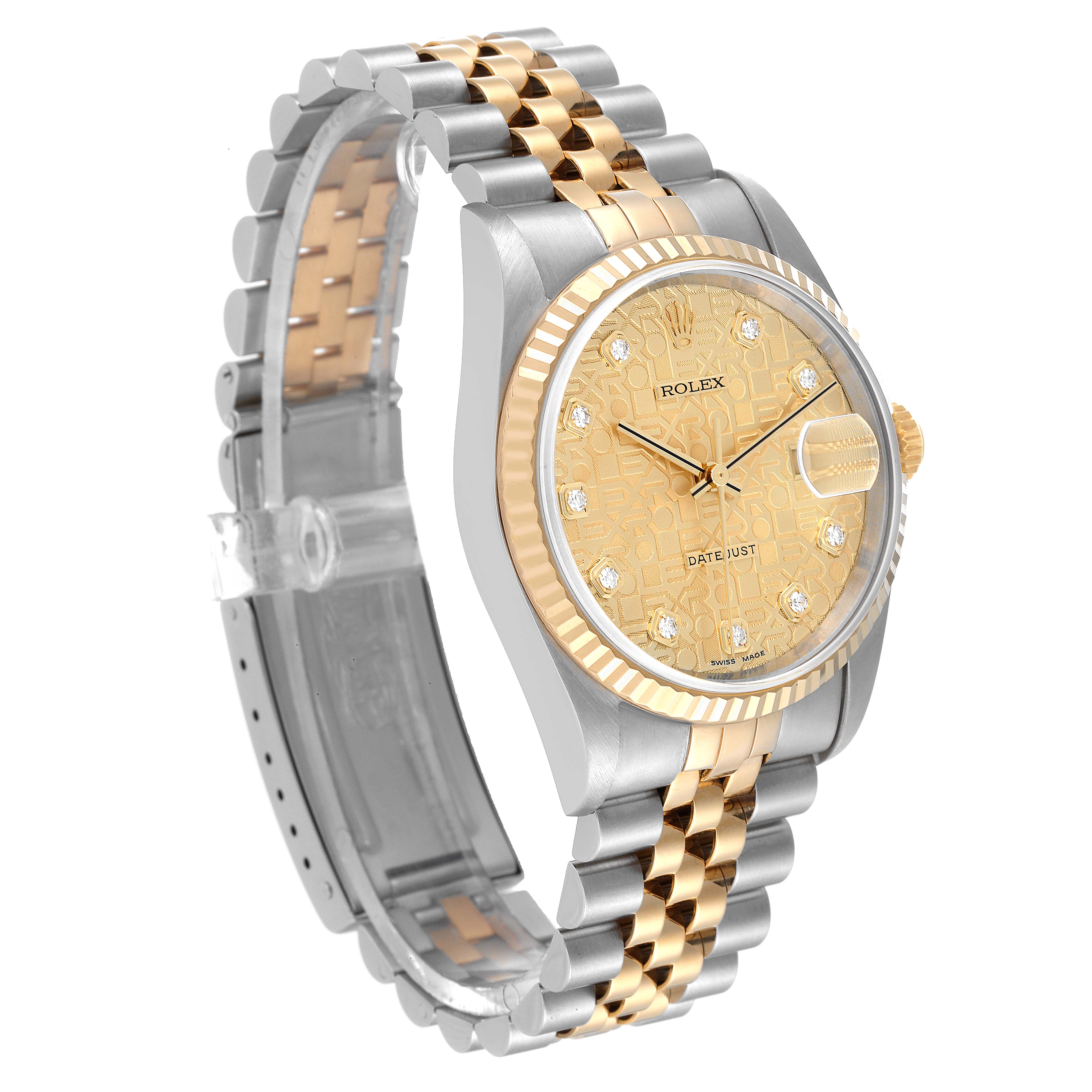 This Rolex Datejust 16233 Men's Steel and Gold (two tone) Champagne Dial 16233 Men's Steel and Gold (two tone) Champagne Dial watch is shown at an angle highlighting its face, bracelet, and crown.