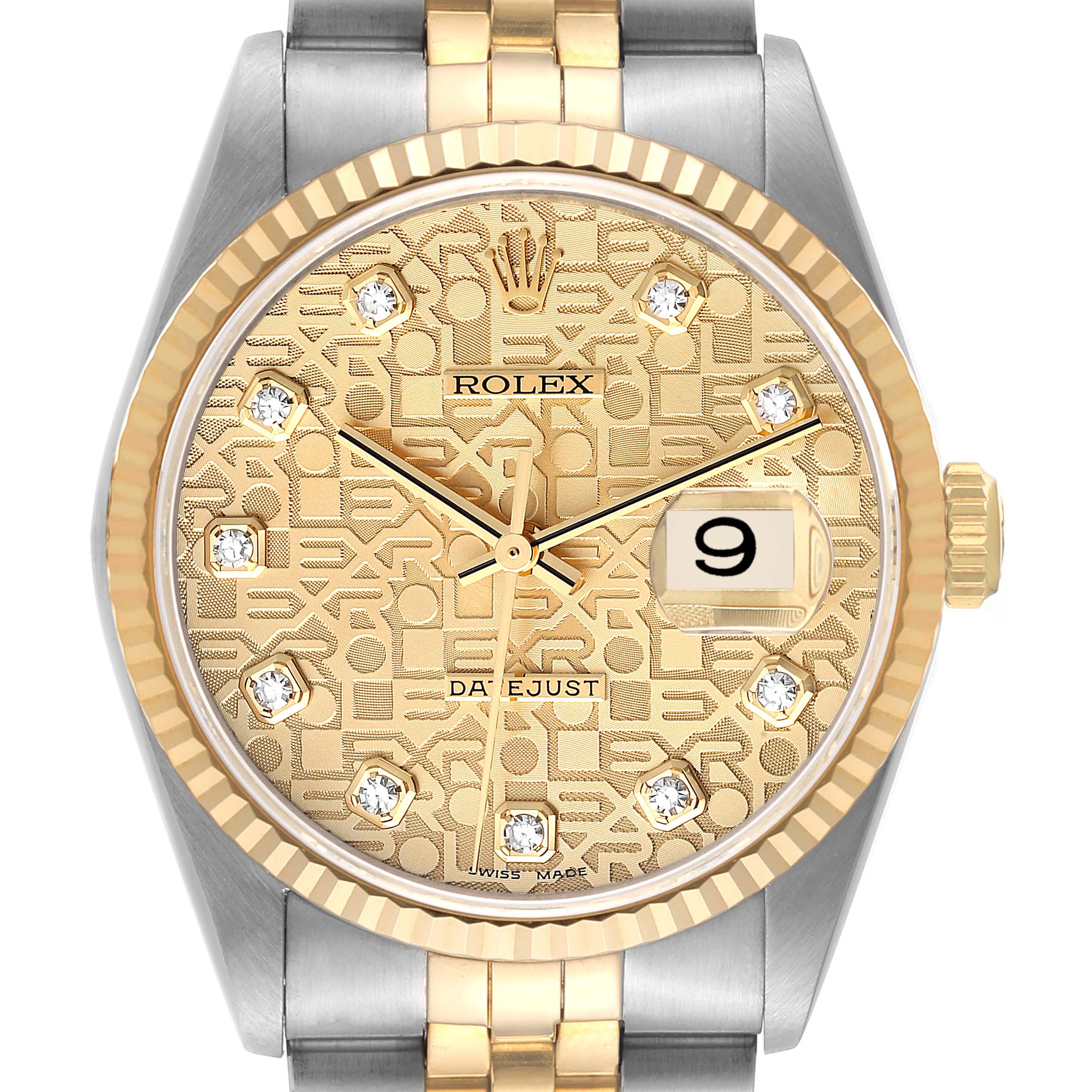 This is a close-up view of a Rolex Datejust 16233 Men's Steel and Gold (two tone) Champagne Dial 16233 Men's Steel and Gold (two tone) Champagne Dial watch, showing the dial, bezel, and part of the bracelet.