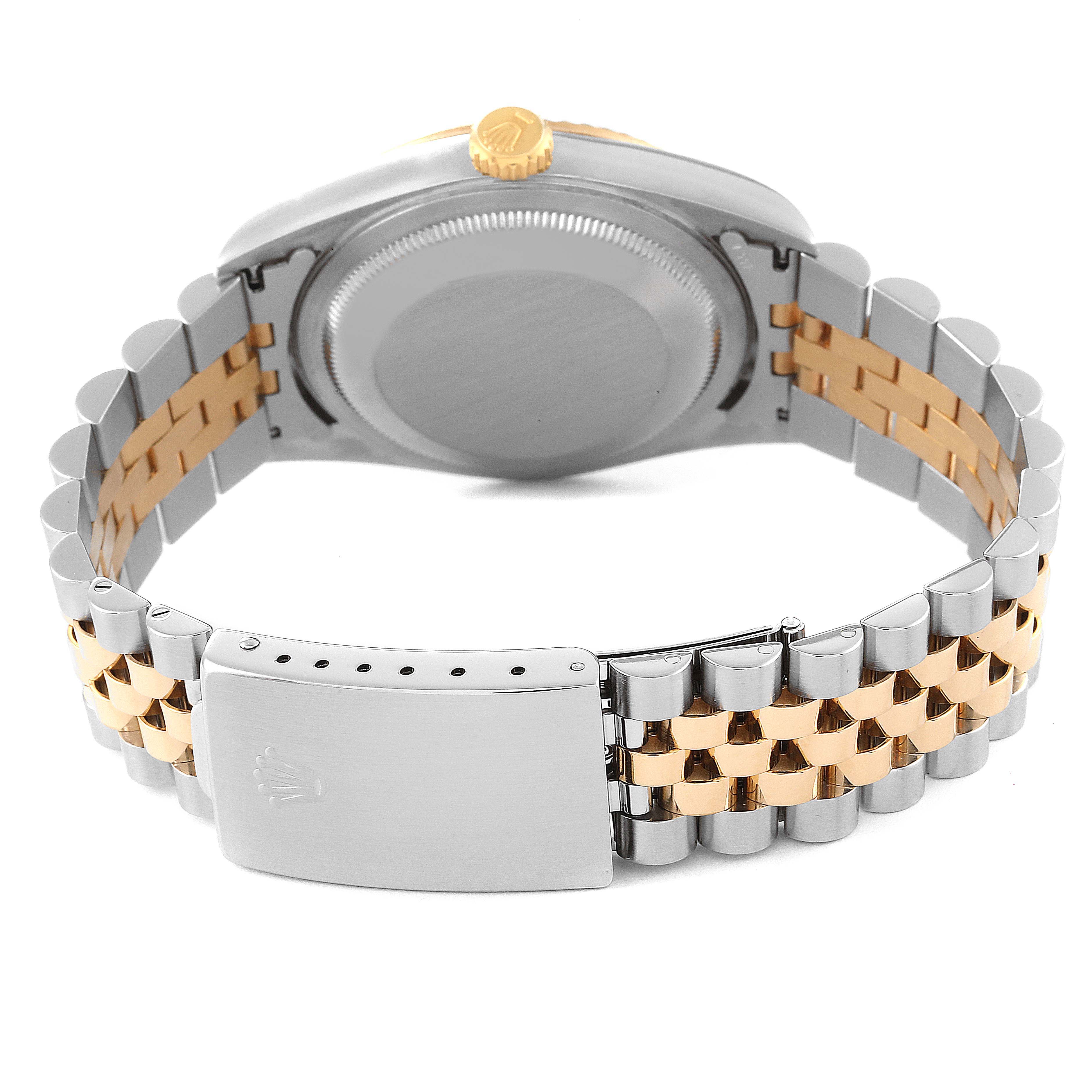 The image shows the back view of a Rolex Datejust 16233 Men's Steel and Gold (two tone) Champagne Dial 16233 Men's Steel and Gold (two tone) Champagne Dial watch, highlighting the case back, crown, and Jubilee bracelet.