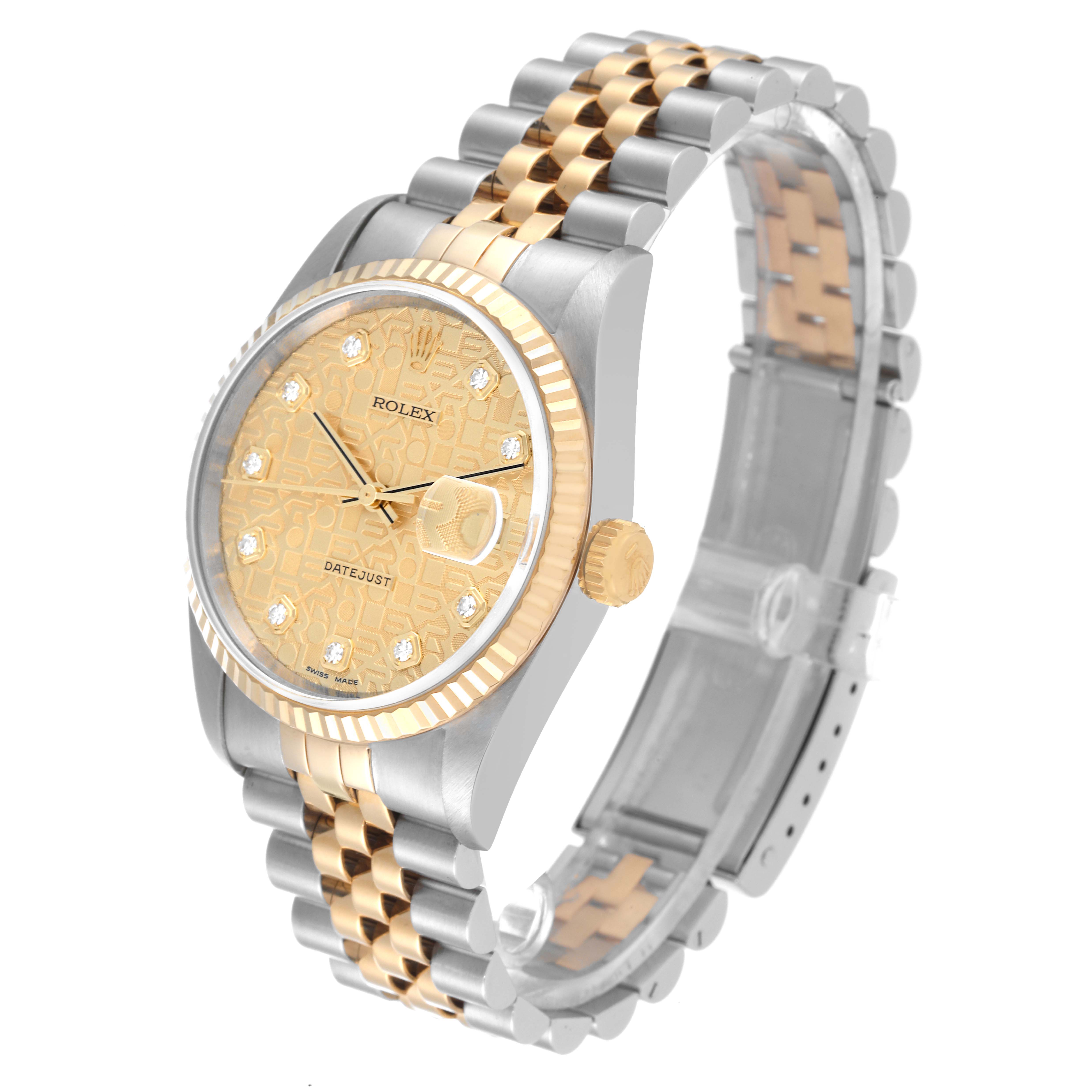 The image shows the Rolex Datejust 16233 Men's Steel and Gold (two tone) Champagne Dial 16233 Men's Steel and Gold (two tone) Champagne Dial watch at a three-quarter angle, highlighting its gold and silver bracelet, dial, and bezel.