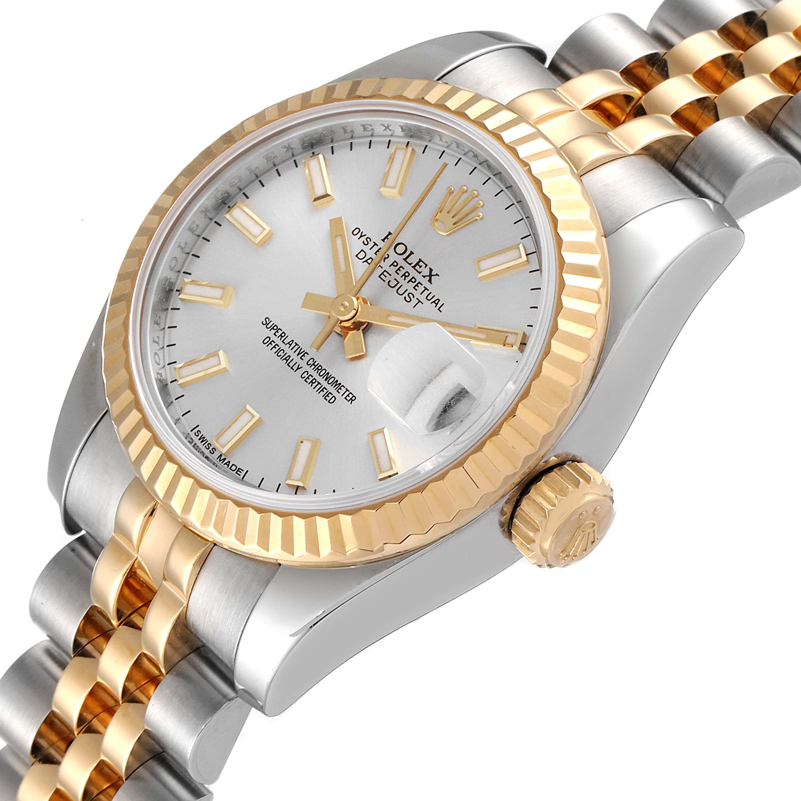 This Rolex Datejust 179173 Women
s Steel and Gold (two tone) Silver Dial 179173 Women
s Steel and Gold (two tone) Silver Dial watch is shown at an angled close-up, highlighting the dial, bezel, bracelet, and crown.