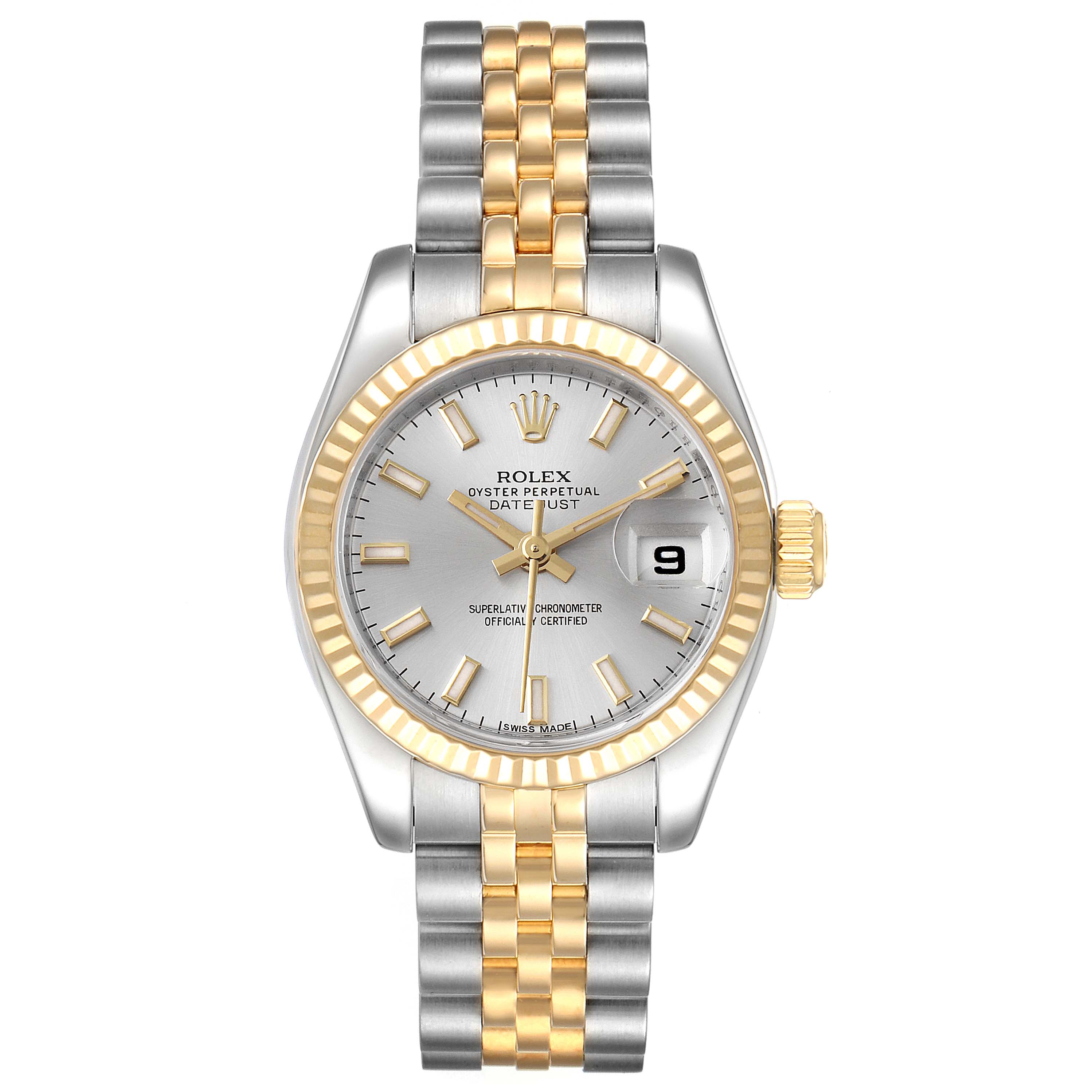 The Rolex Datejust 179173 Women
s Steel and Gold (two tone) Silver Dial 179173 Women
s Steel and Gold (two tone) Silver Dial watch is shown from a front view, displaying its dial, bezel, crown, and two-tone bracelet.