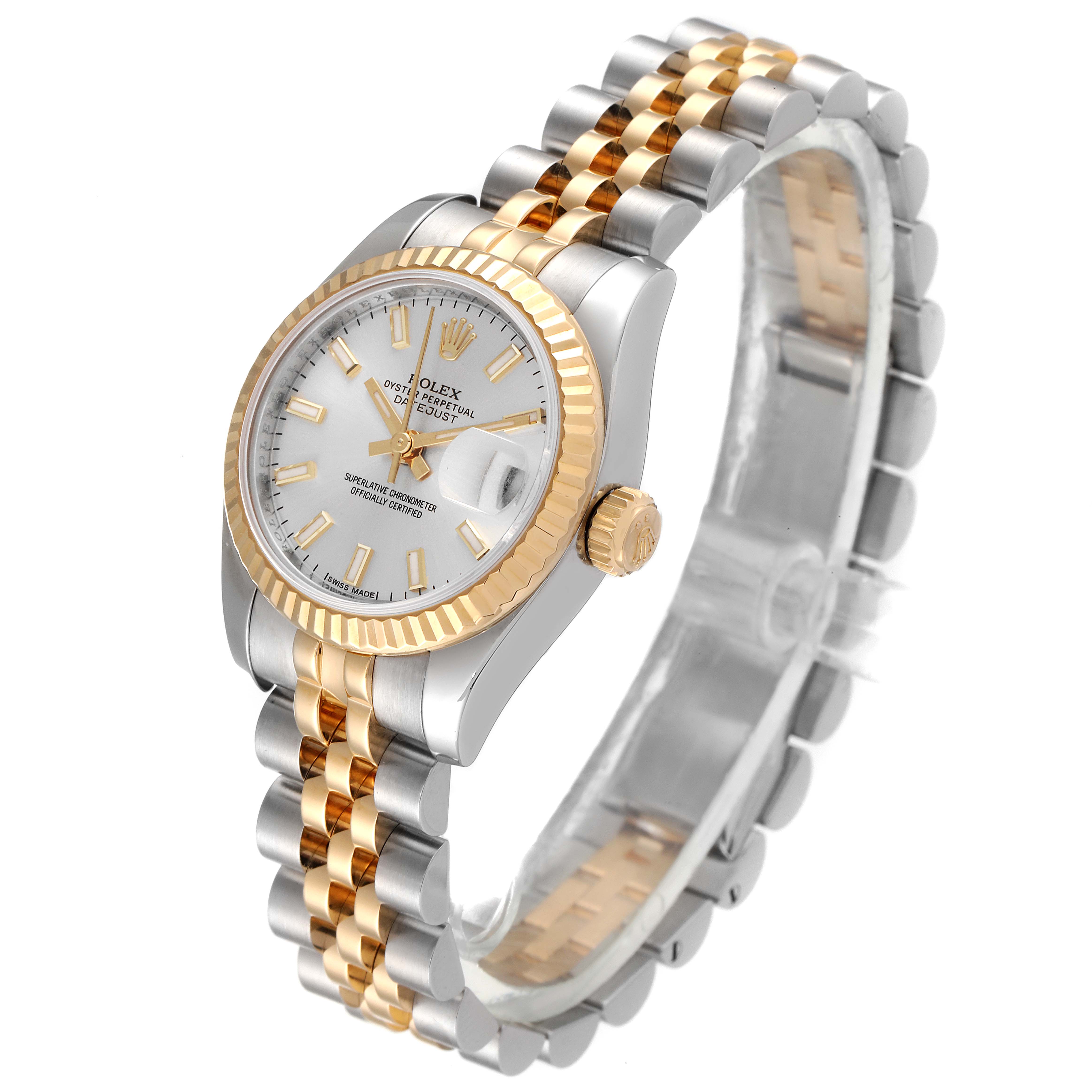The Rolex Datejust 179173 Women
s Steel and Gold (two tone) Silver Dial 179173 Women
s Steel and Gold (two tone) Silver Dial watch is shown at a 45-degree angle, highlighting the face, case, crown, and two-tone bracelet.