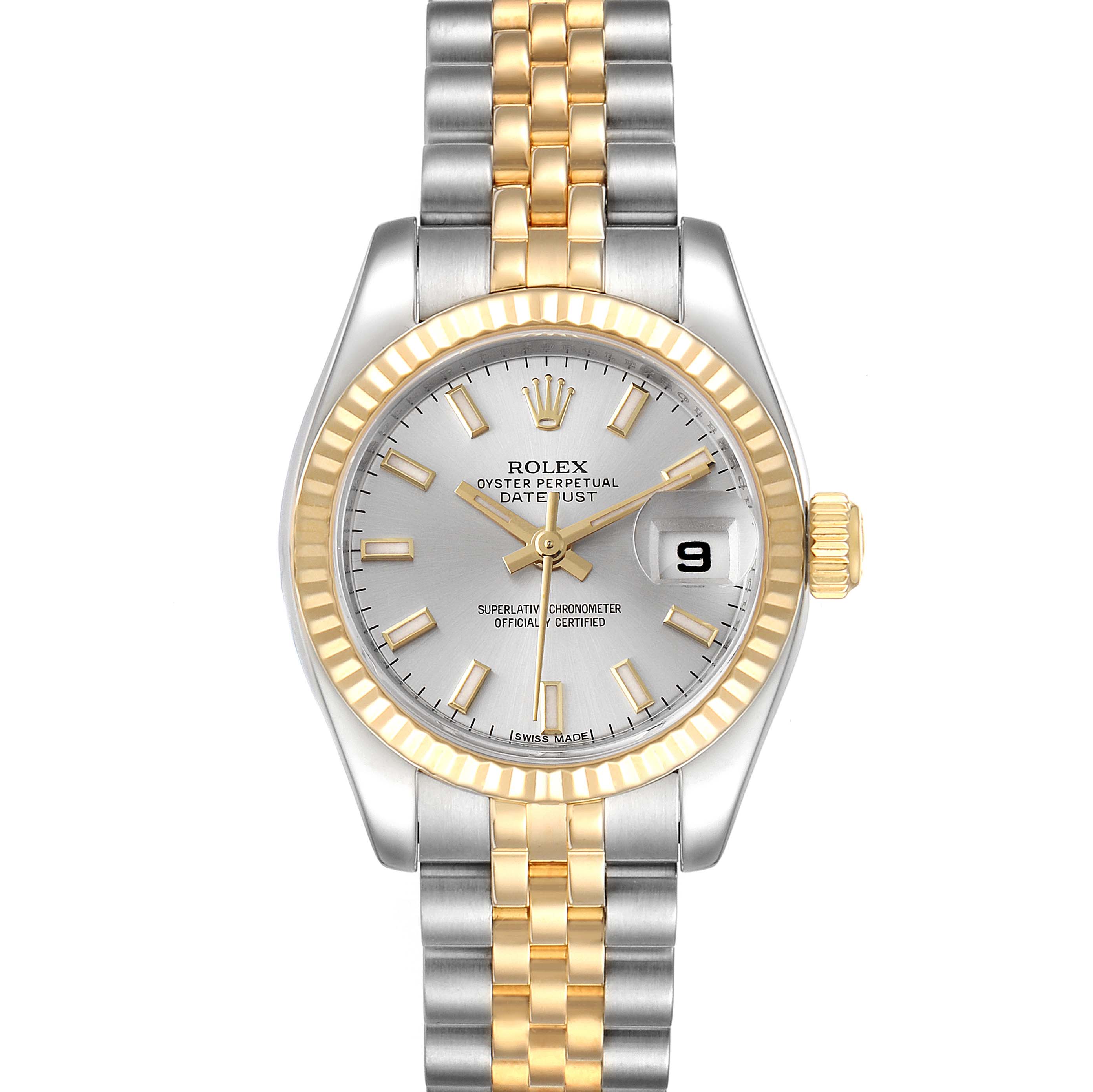 The image shows a front view of the Rolex Datejust 179173 Women
s Steel and Gold (two tone) Silver Dial 179173 Women
s Steel and Gold (two tone) Silver Dial watch with a silver dial, gold ridged bezel, and a two-tone metal bracelet.