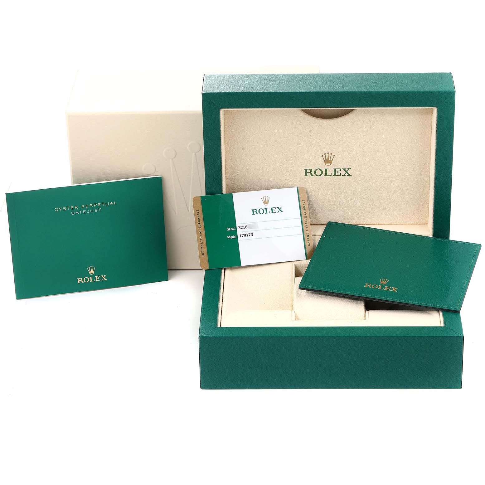 The image shows the packaging, warranty card, and manuals for the Rolex Datejust 179173 Women
s Steel and Gold (two tone) Silver Dial 179173 Women
s Steel and Gold (two tone) Silver Dial watch model.