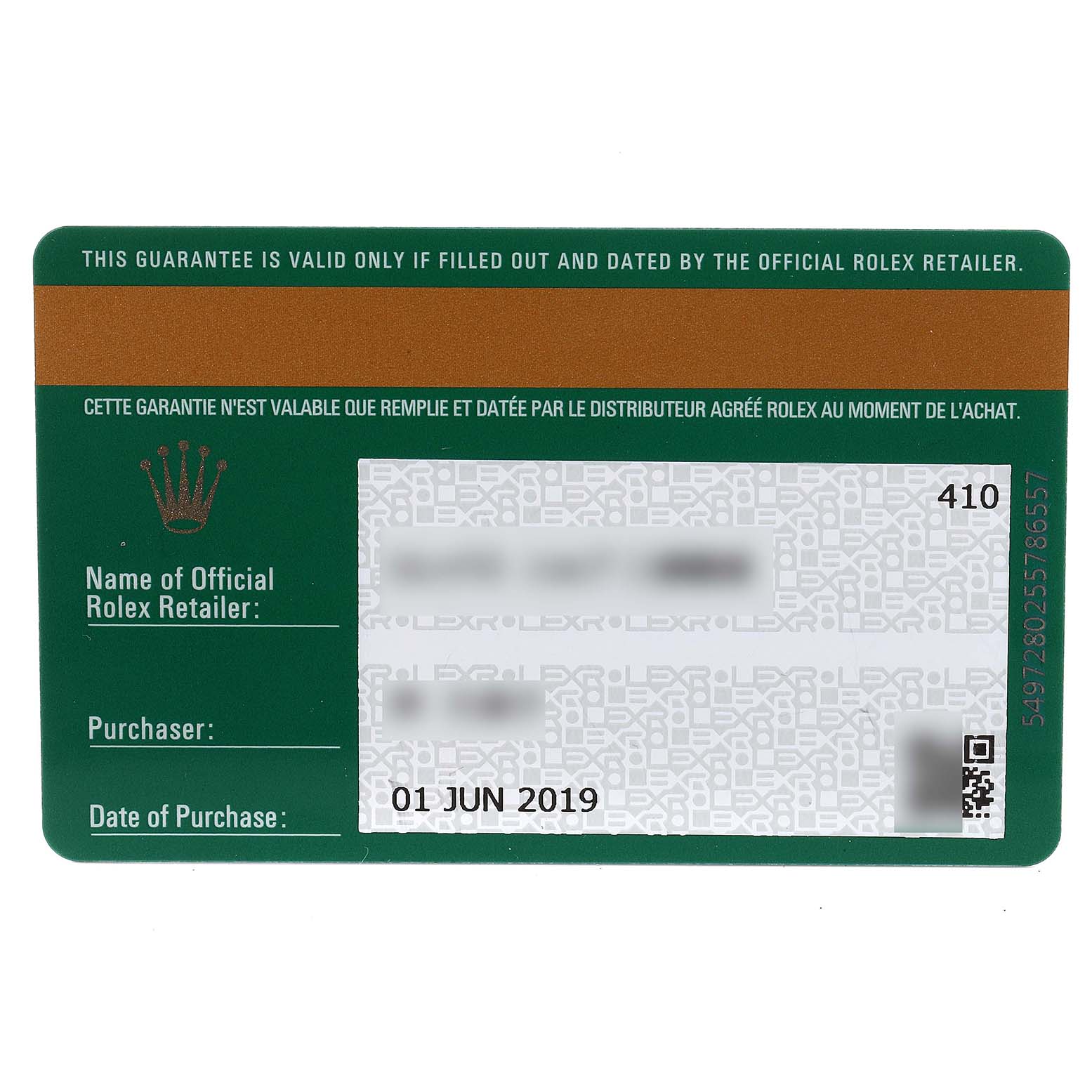 This is an image of a Rolex Datejust 179173 Women
s Steel and Gold (two tone) Silver Dial 179173 Women
s Steel and Gold (two tone) Silver Dial warranty card listing the official retailer, purchaser, and date of purchase.