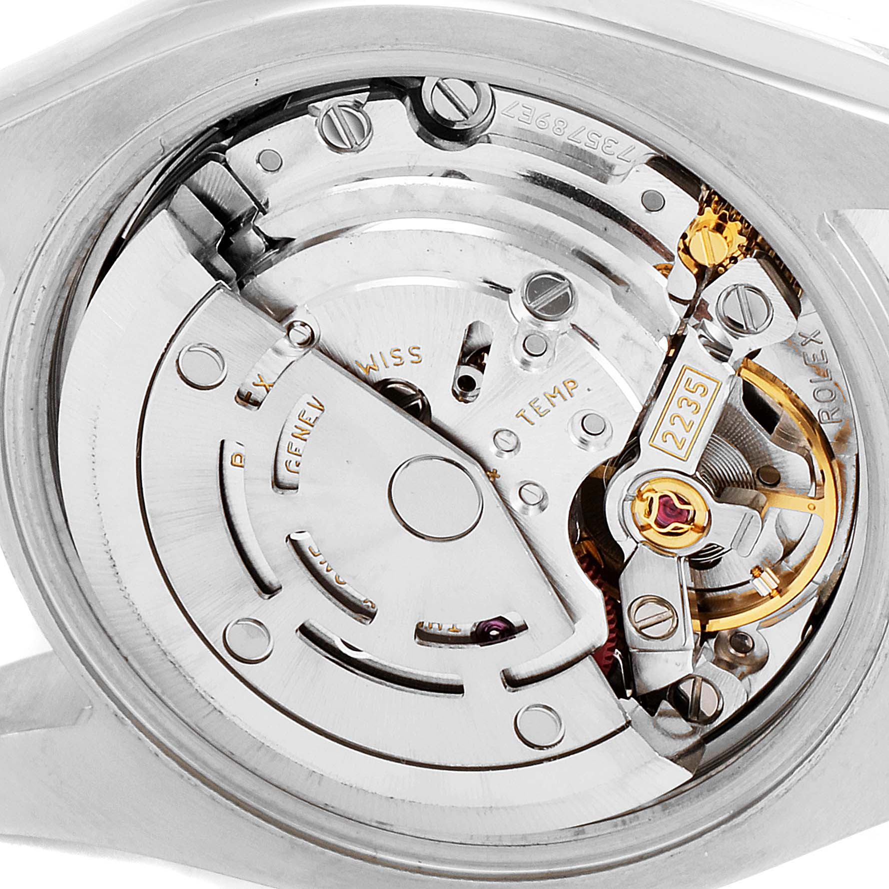 This image shows the movement mechanism of a Rolex Datejust 179173 Women
s Steel and Gold (two tone) Silver Dial 179173 Women
s Steel and Gold (two tone) Silver Dial watch from a rear angle.