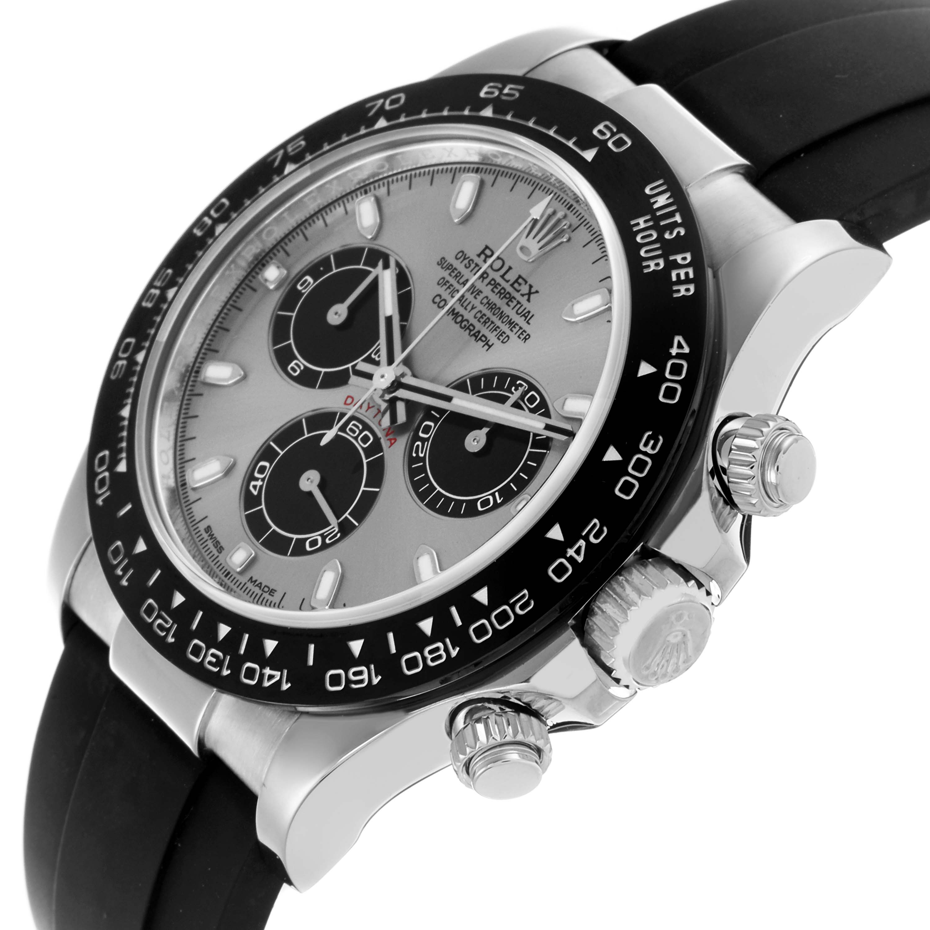 The Rolex Daytona 116519LN Men's White Gold Silver Dial 116519LN Men's White Gold Silver Dial watch is shown from a slightly elevated angle, highlighting the face, bezel, crown, and chronograph pushers.