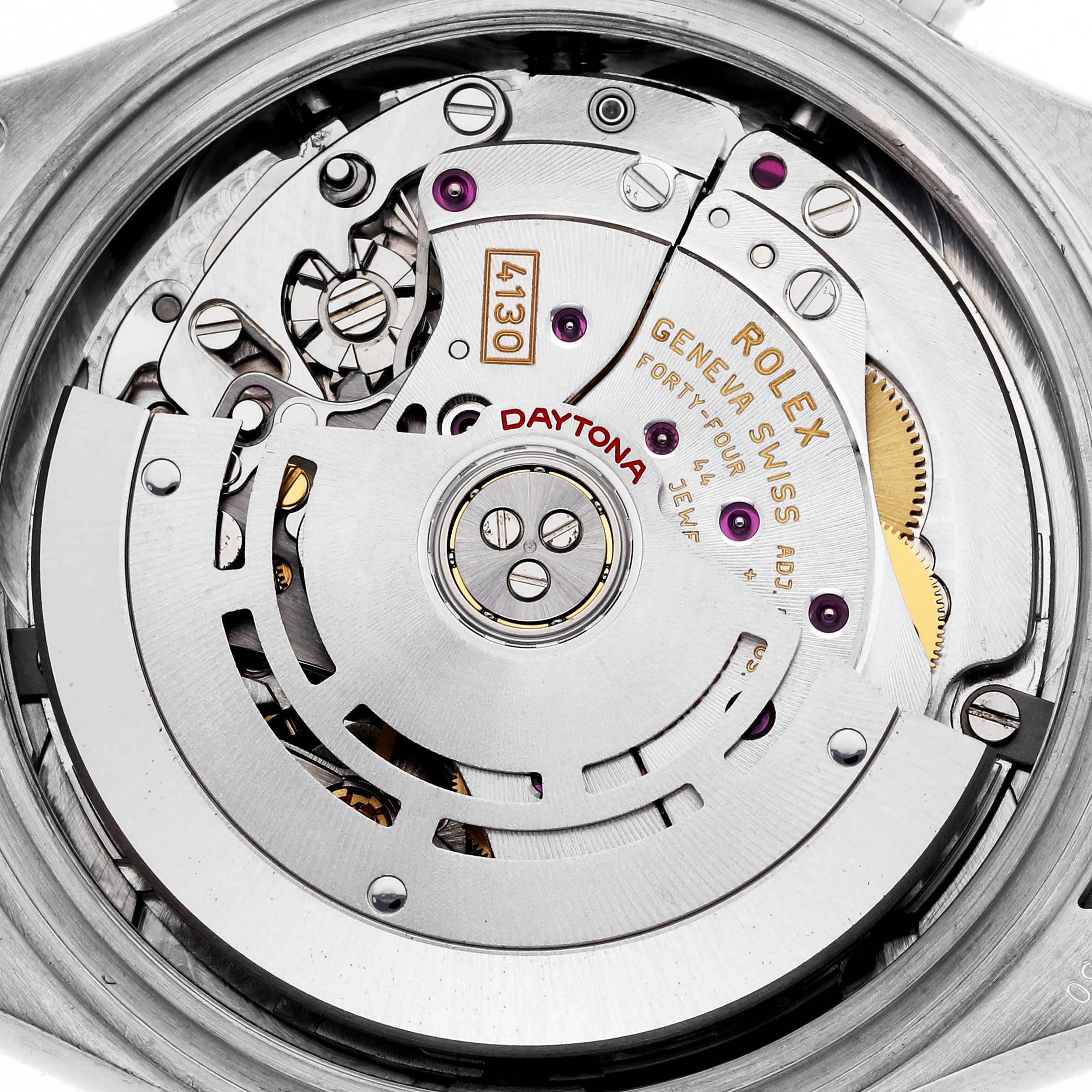 The image shows the Rolex Daytona 116519LN Men's White Gold Silver Dial 116519LN Men's White Gold Silver Dial's movement from a back angle, highlighting its mechanical components and engravings.