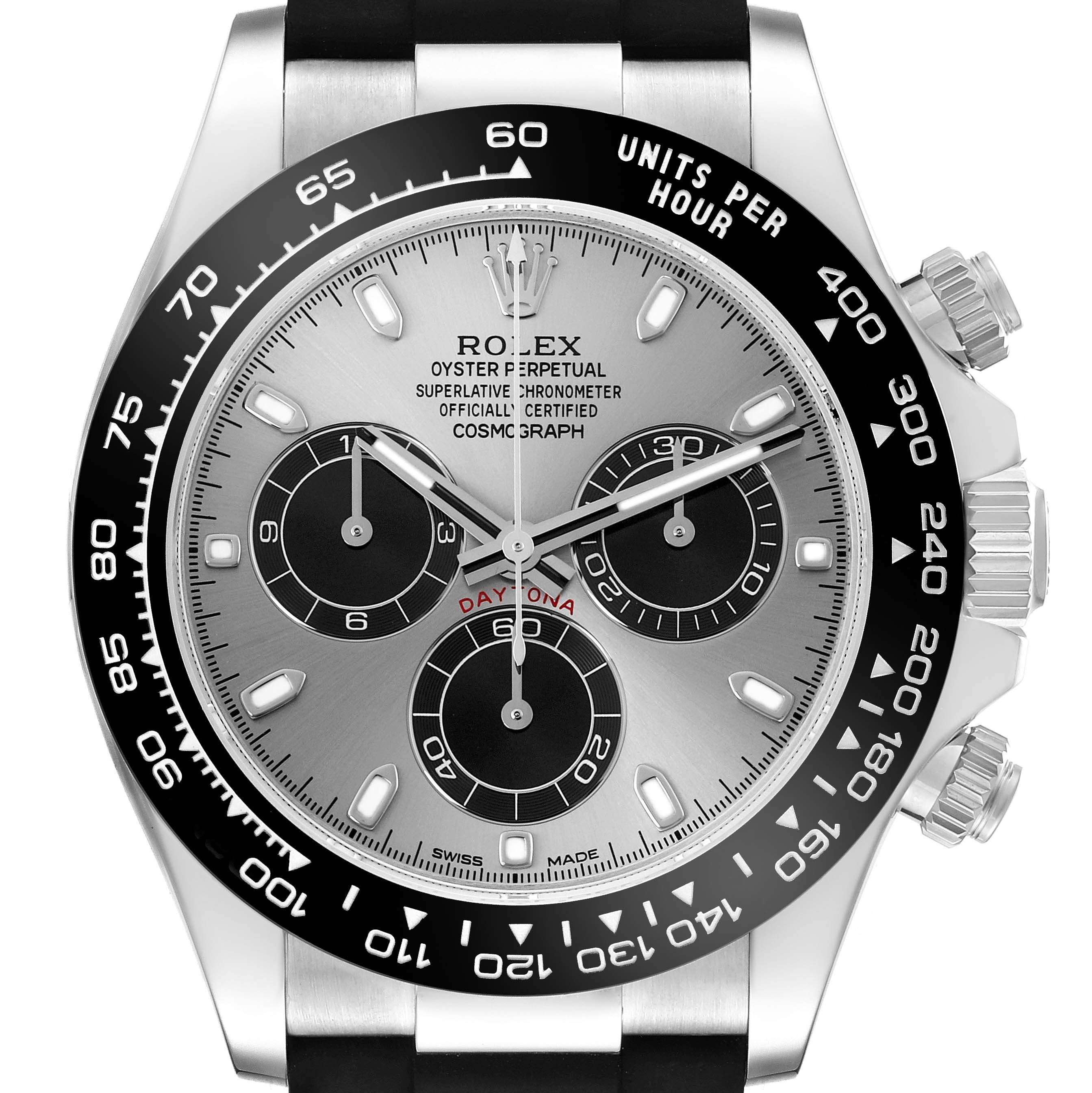 The Rolex Daytona 116519LN Men's White Gold Silver Dial 116519LN Men's White Gold Silver Dial watch is shown from the front, highlighting its dial, bezel, subdials, and chronograph pushers.