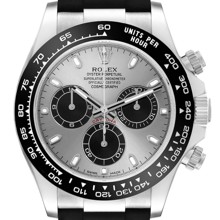 The Rolex Daytona watch is shown from the front, highlighting its dial, bezel, subdials, and chronograph pushers.