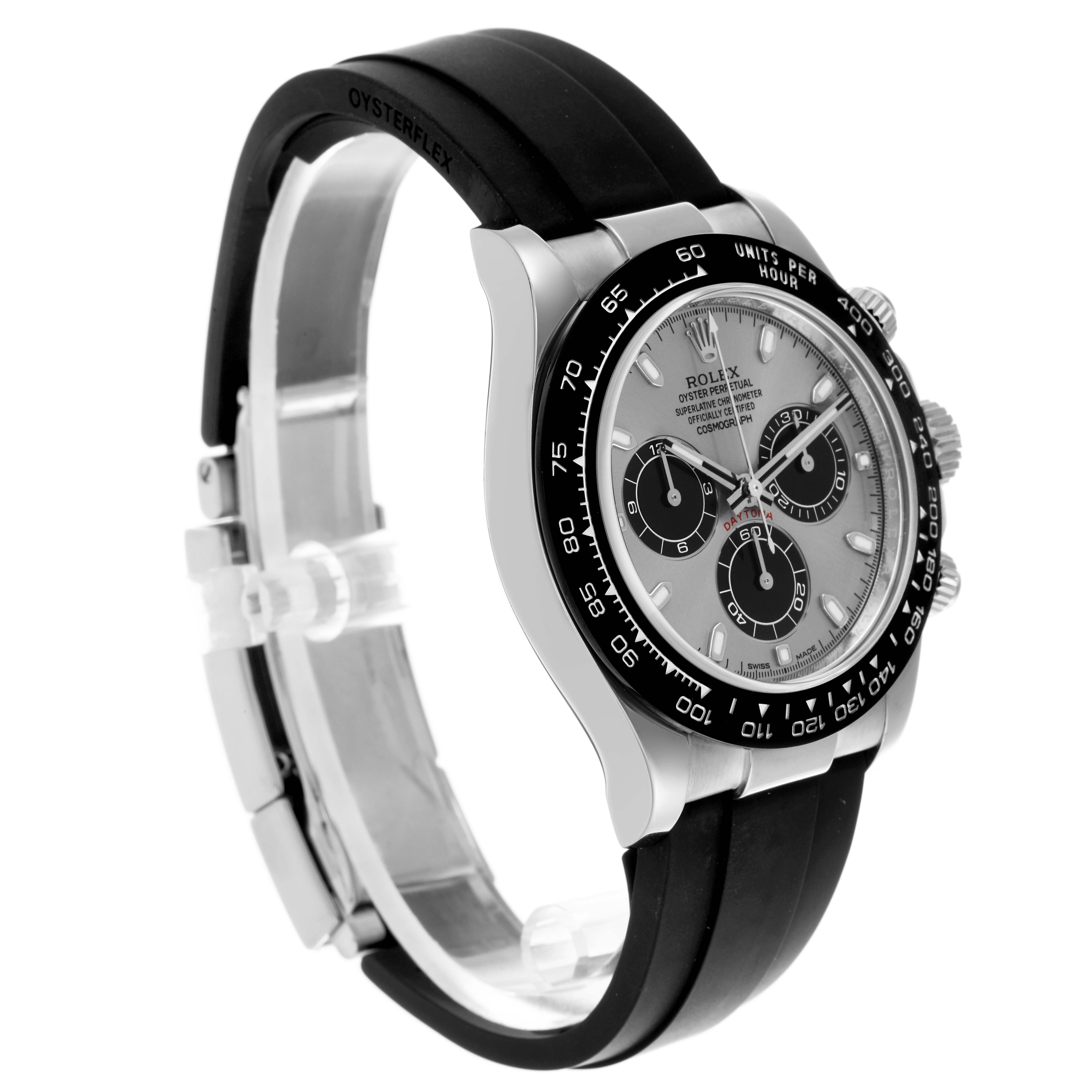 The image shows a Rolex Daytona 116519LN Men's White Gold Silver Dial 116519LN Men's White Gold Silver Dial watch at a three-quarter angle, highlighting the dial, bezel, and Oysterflex strap.