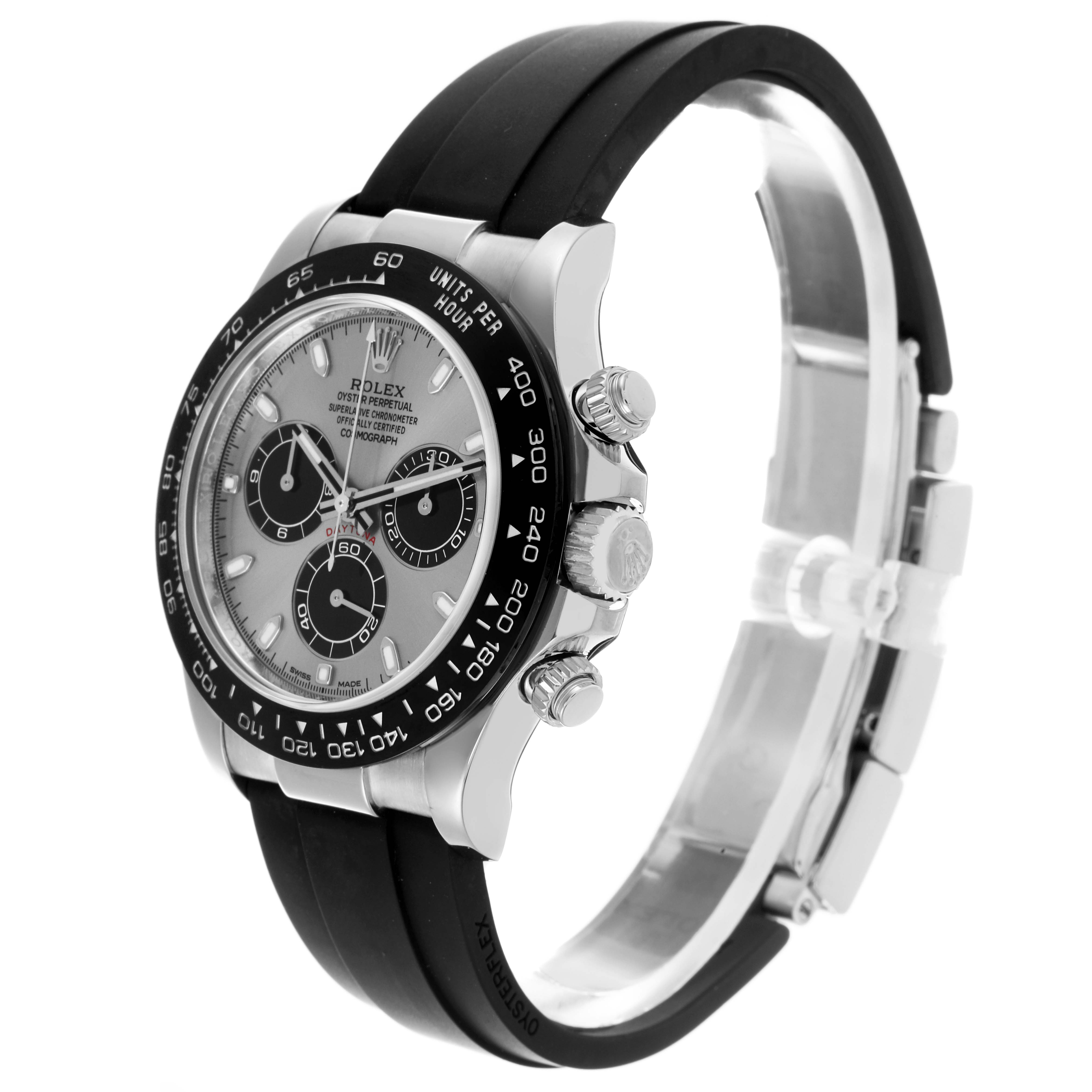 The Rolex Daytona 116519LN Men's White Gold Silver Dial 116519LN Men's White Gold Silver Dial watch is shown at a three-quarter angle, featuring the dial, bezel, pushers, and black strap.