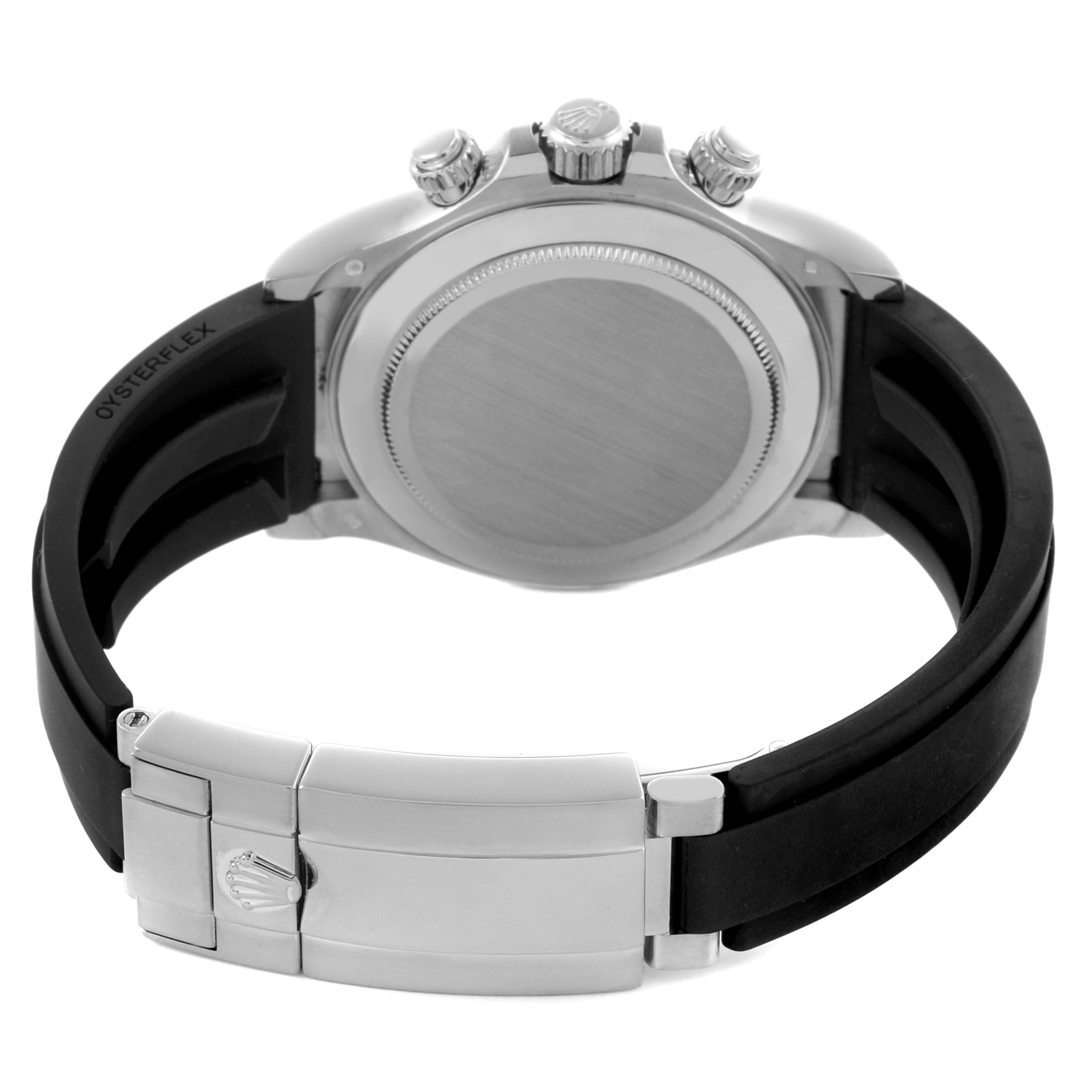 The image shows the back view of a Rolex Daytona 116519LN Men's White Gold Silver Dial 116519LN Men's White Gold Silver Dial watch, highlighting the case back, clasp, and Oysterflex strap.