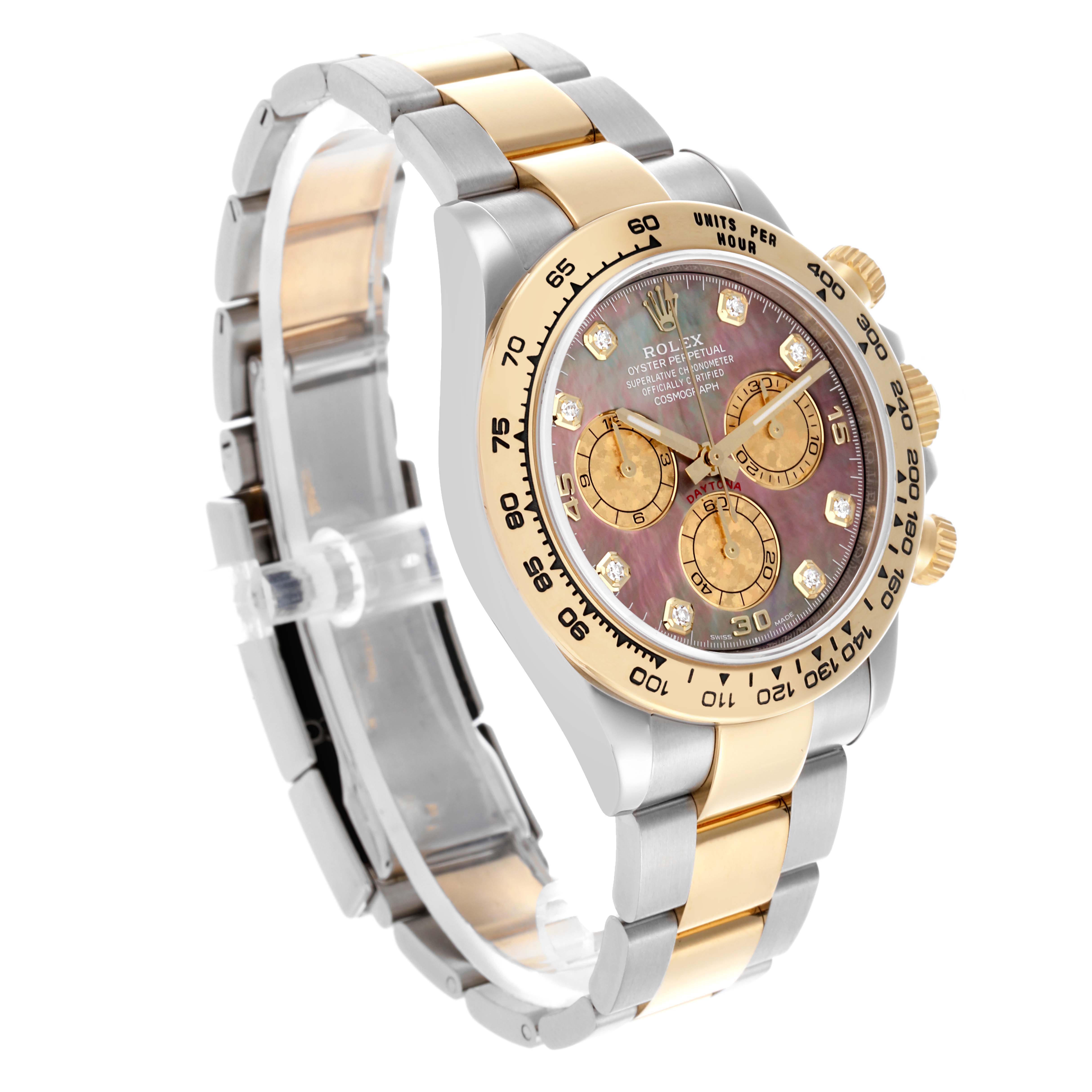 The Rolex Daytona 116503 Men's Steel and Gold (two tone) Mother of Pearl Dial 116503 Men's Steel and Gold (two tone) Mother of Pearl Dial watch is shown at a three-quarter angle, highlighting the dial, bezel, and a two-tone bracelet.