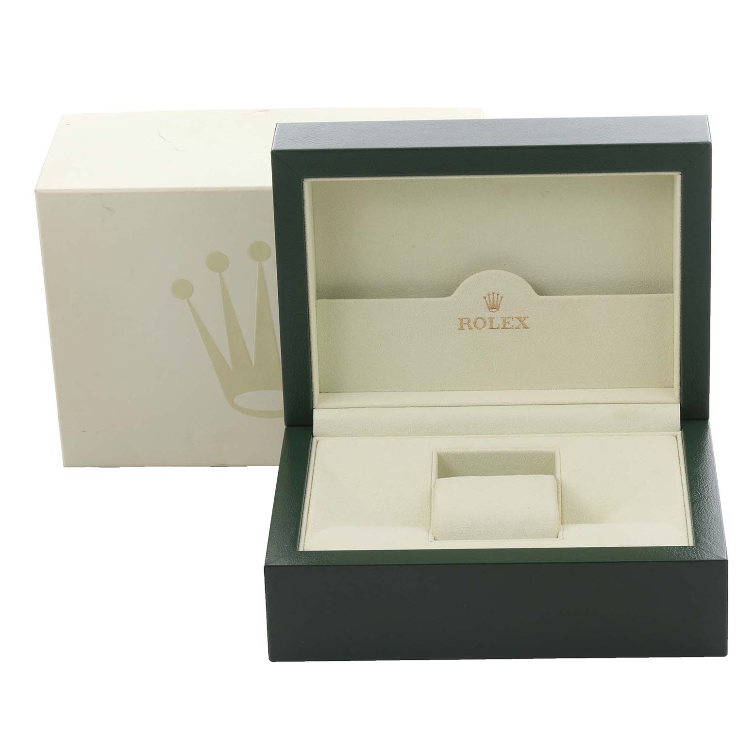 The image shows a Rolex Daytona 116503 Men's Steel and Gold (two tone) Mother of Pearl Dial 116503 Men's Steel and Gold (two tone) Mother of Pearl Dial watch box open, displaying the interior with a compartment for the watch.