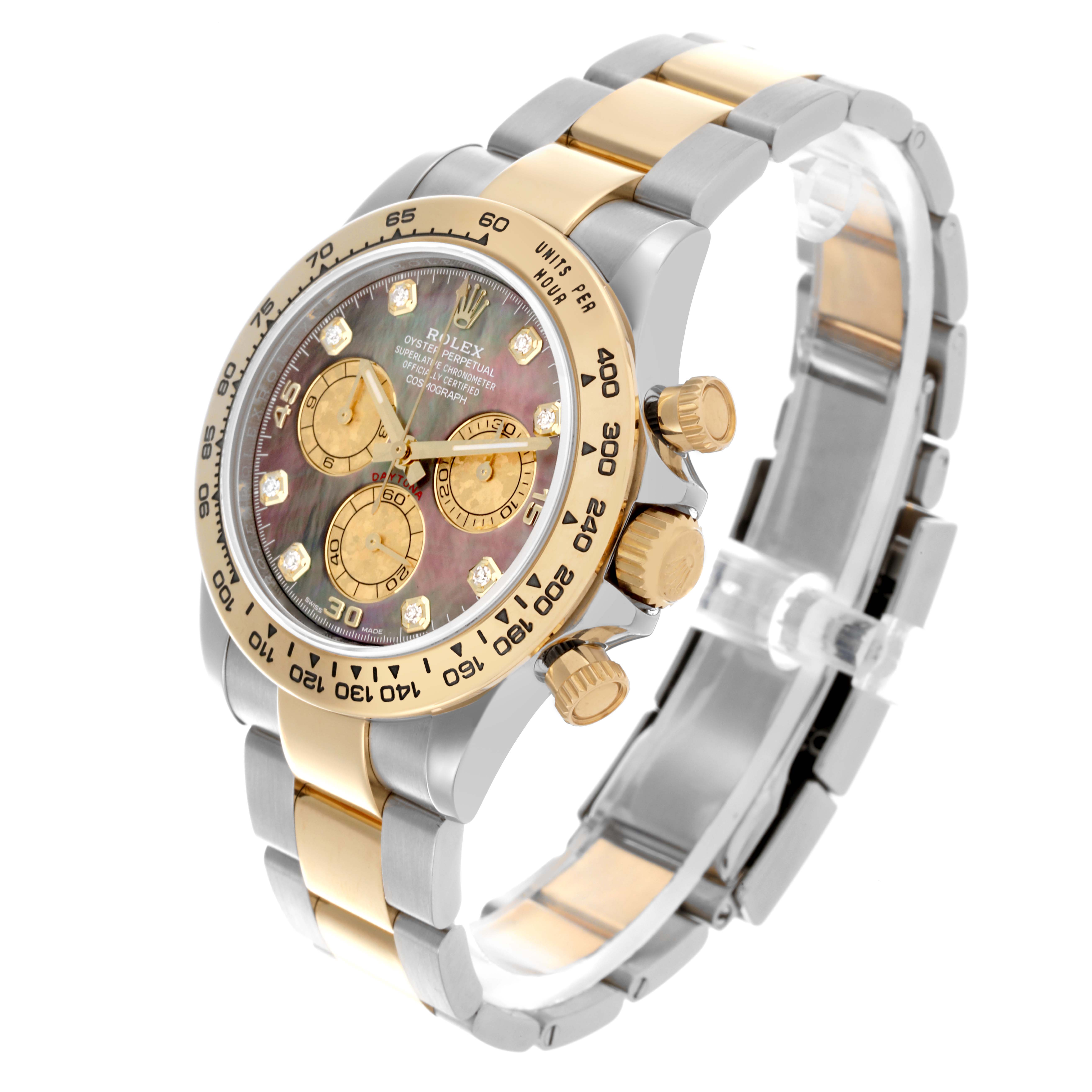 The Rolex Daytona 116503 Men's Steel and Gold (two tone) Mother of Pearl Dial 116503 Men's Steel and Gold (two tone) Mother of Pearl Dial watch is shown angled from the front-right, highlighting the bezel, dial, pushers, and bracelet.