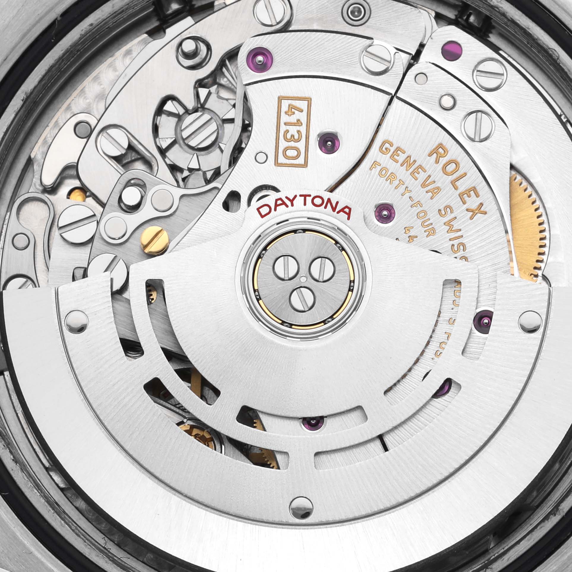 The image shows a close-up of the Rolex Daytona 116503 Men's Steel and Gold (two tone) Mother of Pearl Dial 116503 Men's Steel and Gold (two tone) Mother of Pearl Dial watch's movement, focusing on the intricate internal mechanics.