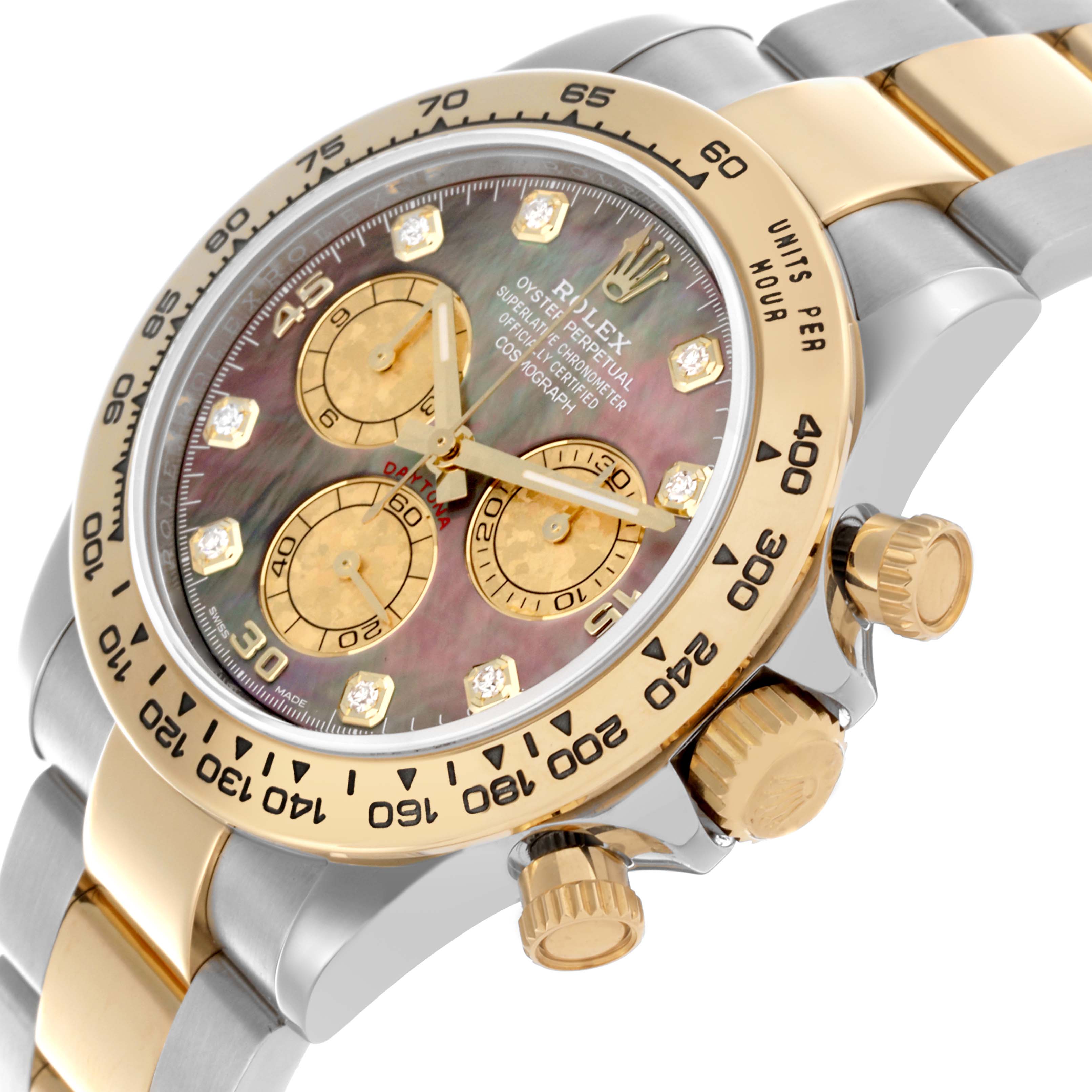 The Rolex Daytona 116503 Men's Steel and Gold (two tone) Mother of Pearl Dial 116503 Men's Steel and Gold (two tone) Mother of Pearl Dial is shown at an angled view highlighting the dial, bezel, crown, and part of the bracelet.