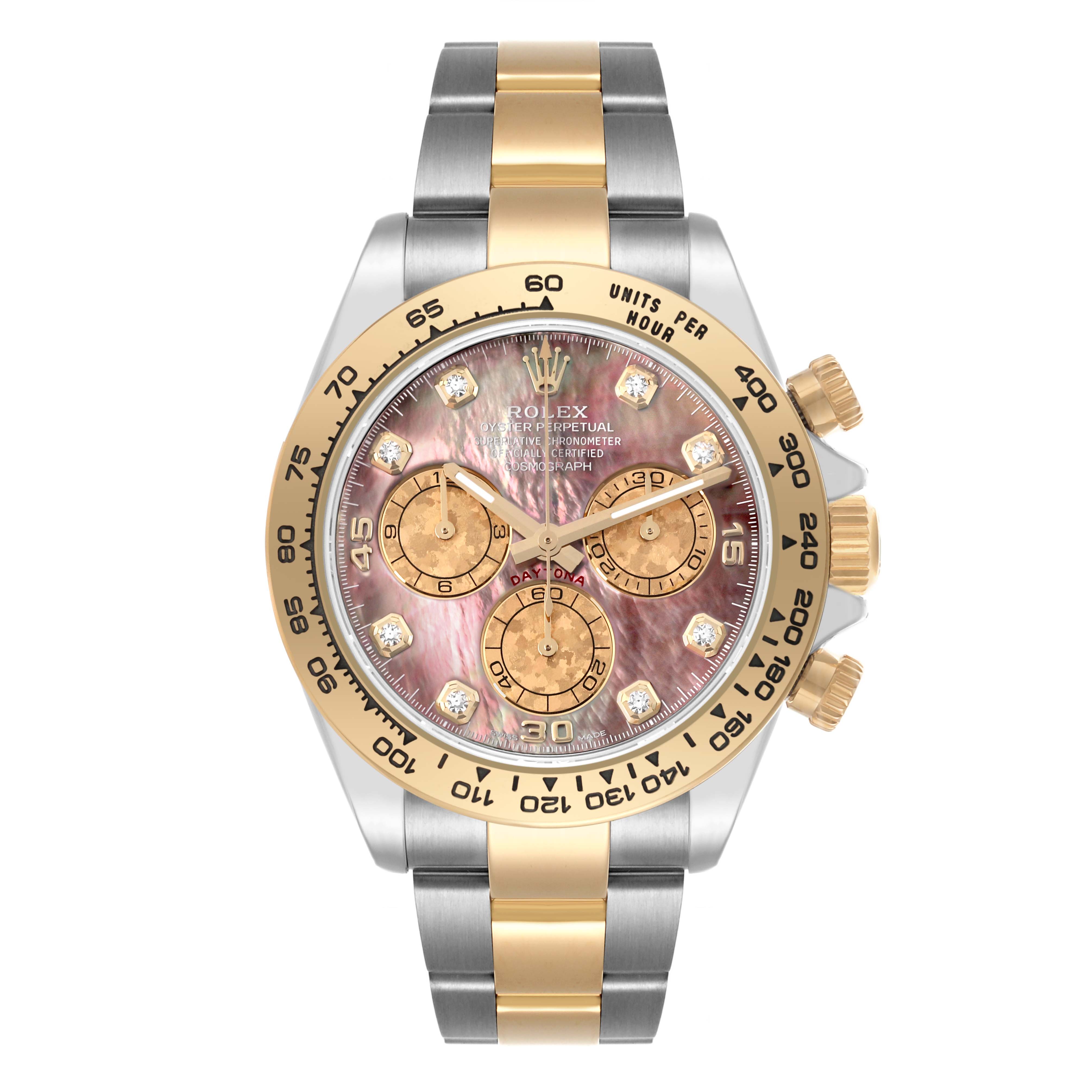 The Rolex Daytona 116503 Men's Steel and Gold (two tone) Mother of Pearl Dial 116503 Men's Steel and Gold (two tone) Mother of Pearl Dial watch is shown from a front angle, featuring its face, bezel, and two-tone bracelet.