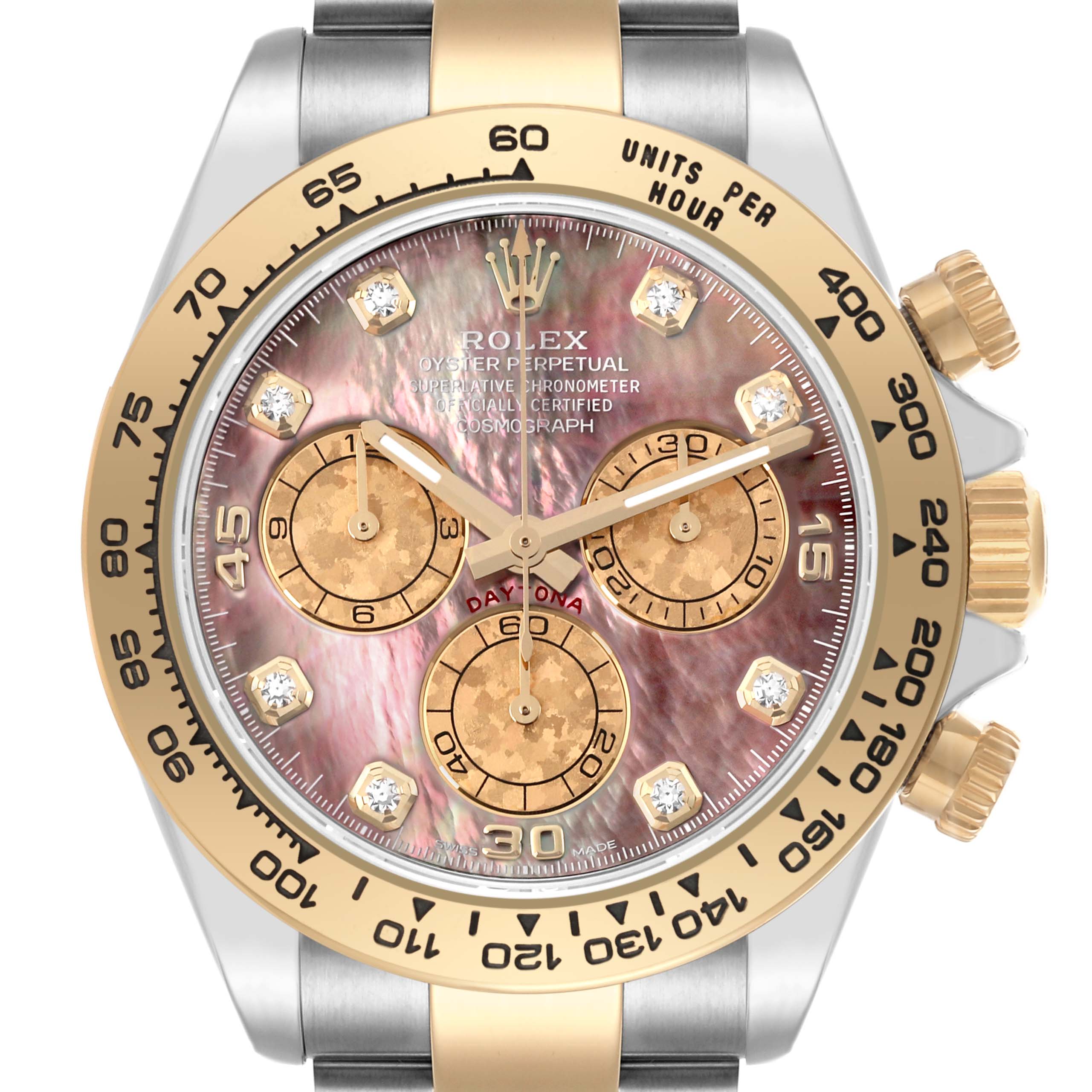 The Rolex Daytona 116503 Men's Steel and Gold (two tone) Mother of Pearl Dial 116503 Men's Steel and Gold (two tone) Mother of Pearl Dial watch is shown from the front, highlighting the dial, subdials, bezel, and crown.