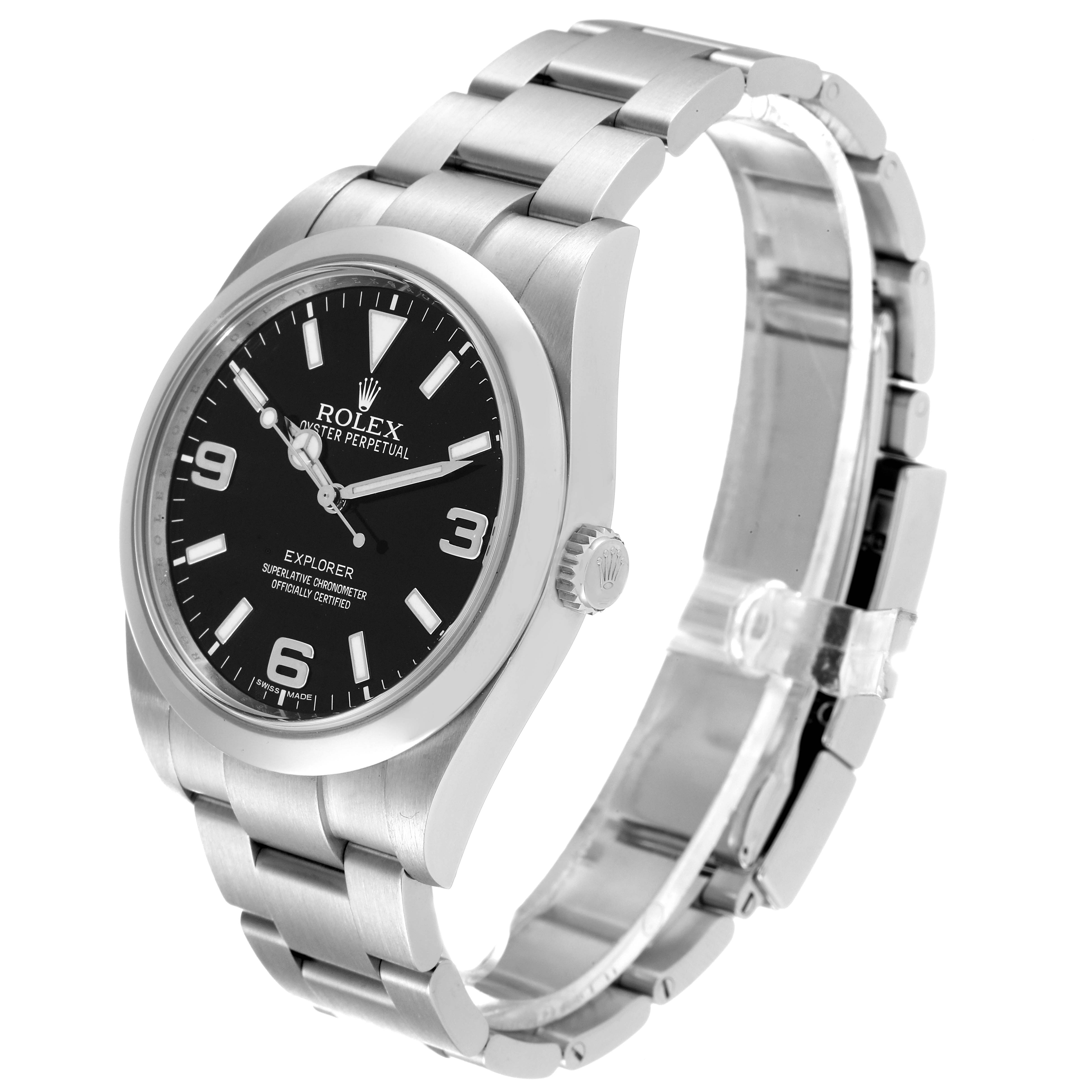 This image shows a side angle view of the Rolex Explorer 214270 Men's Stainless Steel Black Dial 214270 Men's Stainless Steel Black Dial watch, highlighting the case, dial, bracelet, and crown.