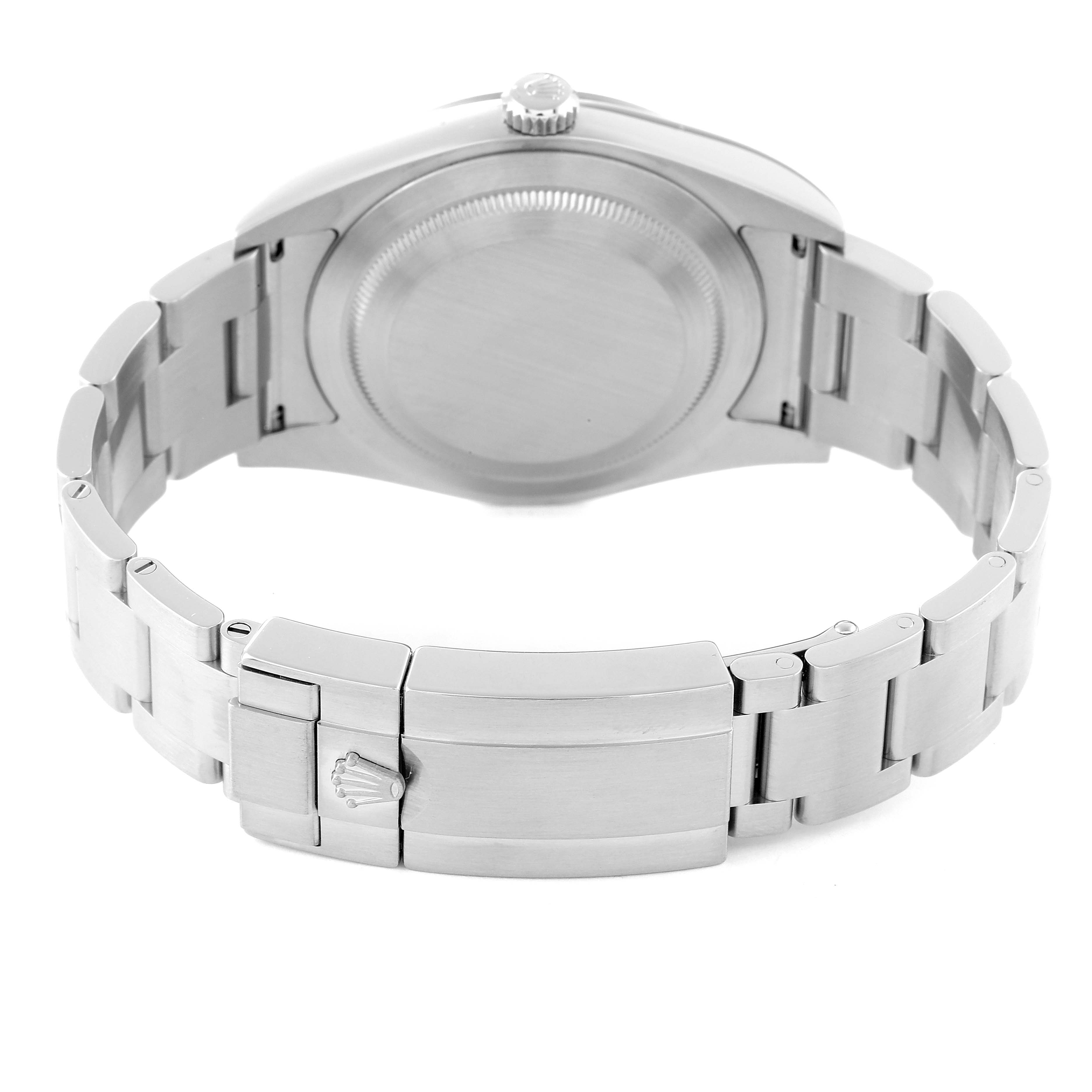 The image shows the backside and bracelet clasp of a Rolex Explorer 214270 Men's Stainless Steel Black Dial 214270 Men's Stainless Steel Black Dial watch.