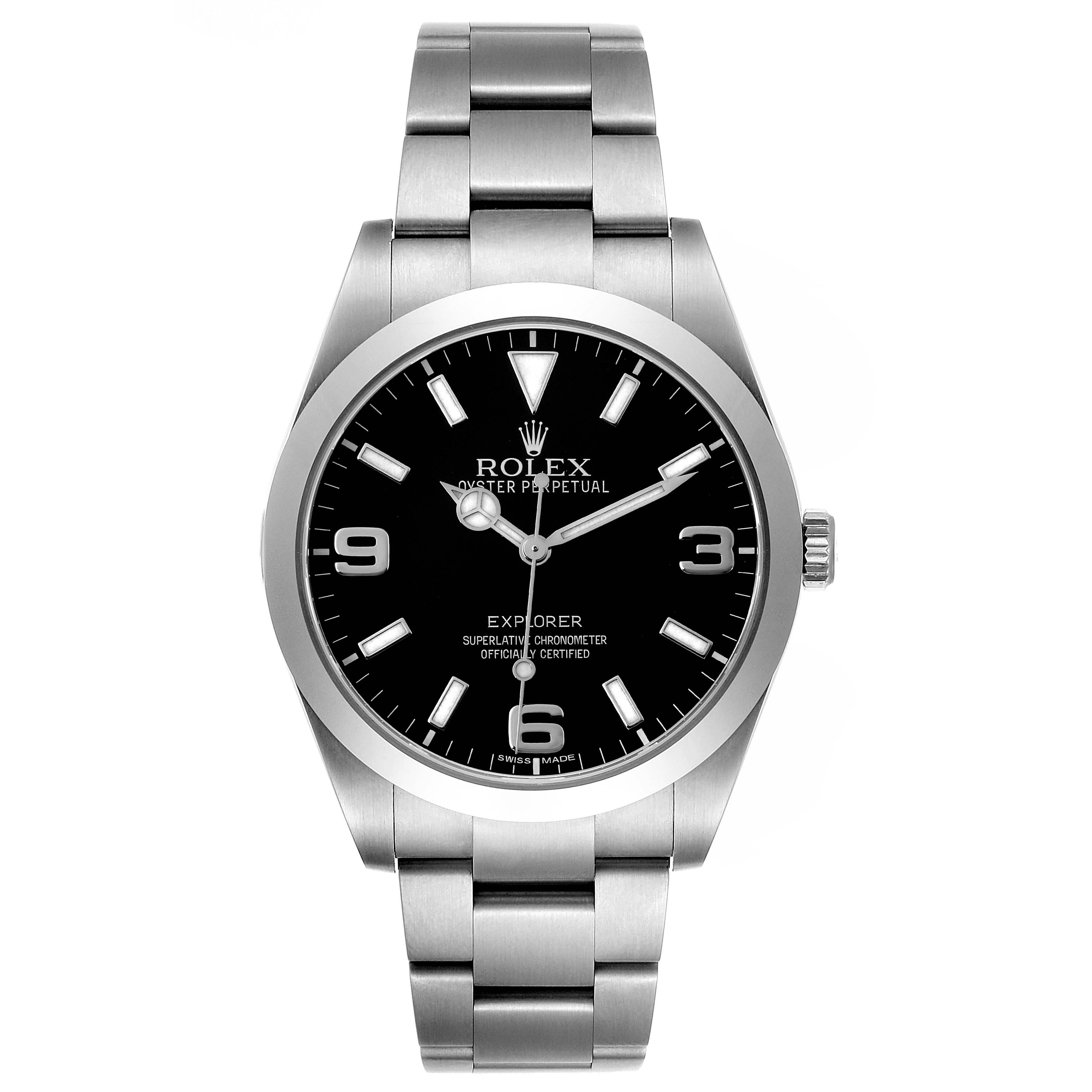 The Rolex Explorer 214270 Men's Stainless Steel Black Dial 214270 Men's Stainless Steel Black Dial watch is shown from a front angle, displaying the face, bezel, crown, and bracelet.