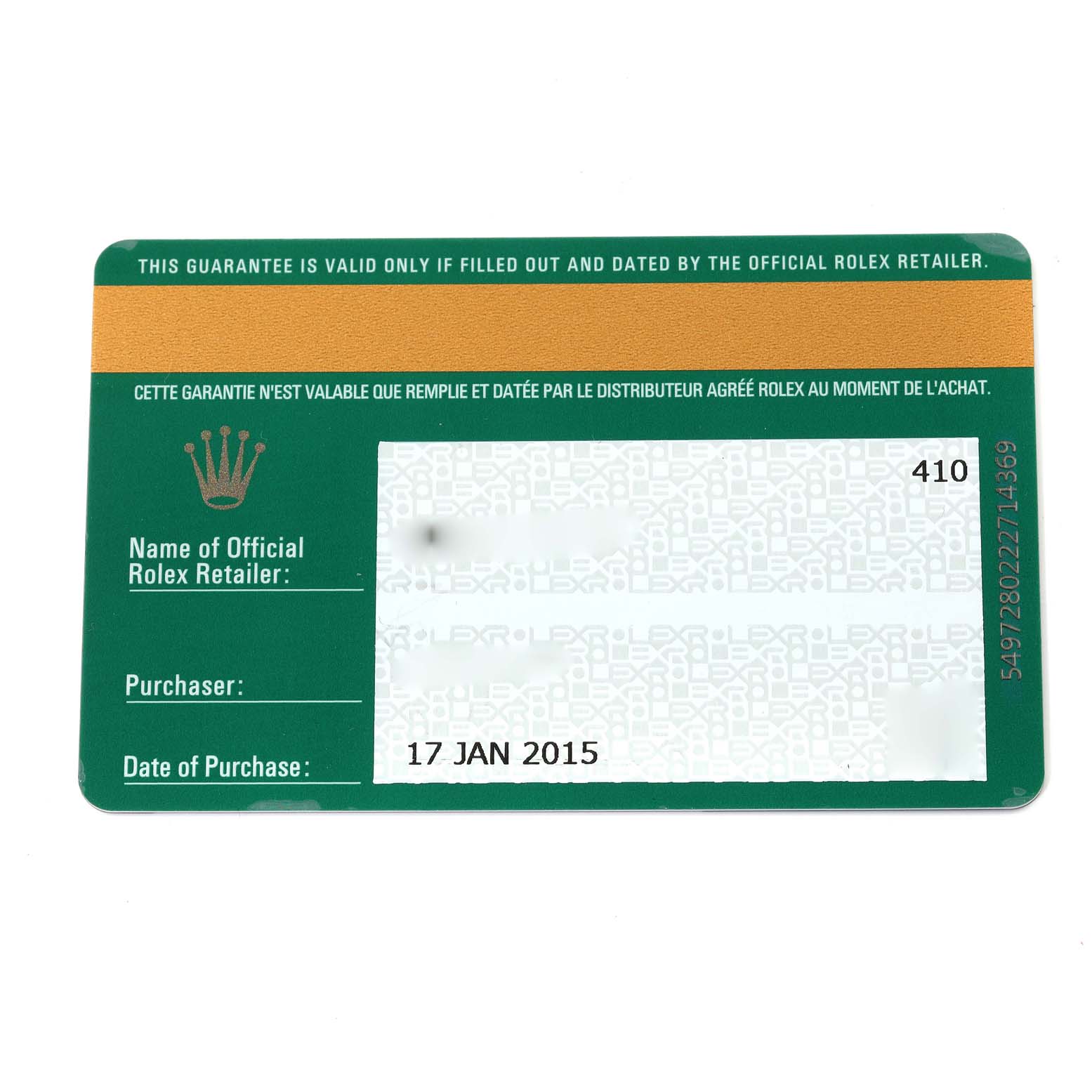 This image shows the guarantee card for the Rolex Explorer 214270 Men's Stainless Steel Black Dial 214270 Men's Stainless Steel Black Dial model.