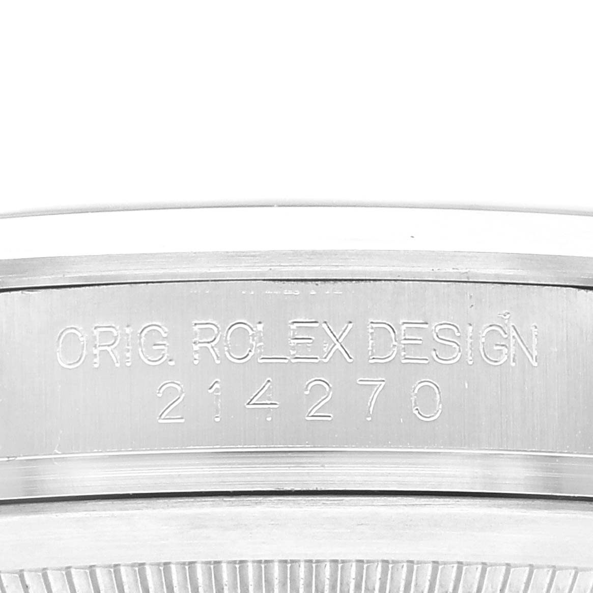 This image shows a close-up of the case side of a Rolex Explorer 214270 Men's Stainless Steel Black Dial 214270 Men's Stainless Steel Black Dial watch, featuring the model number "214270".