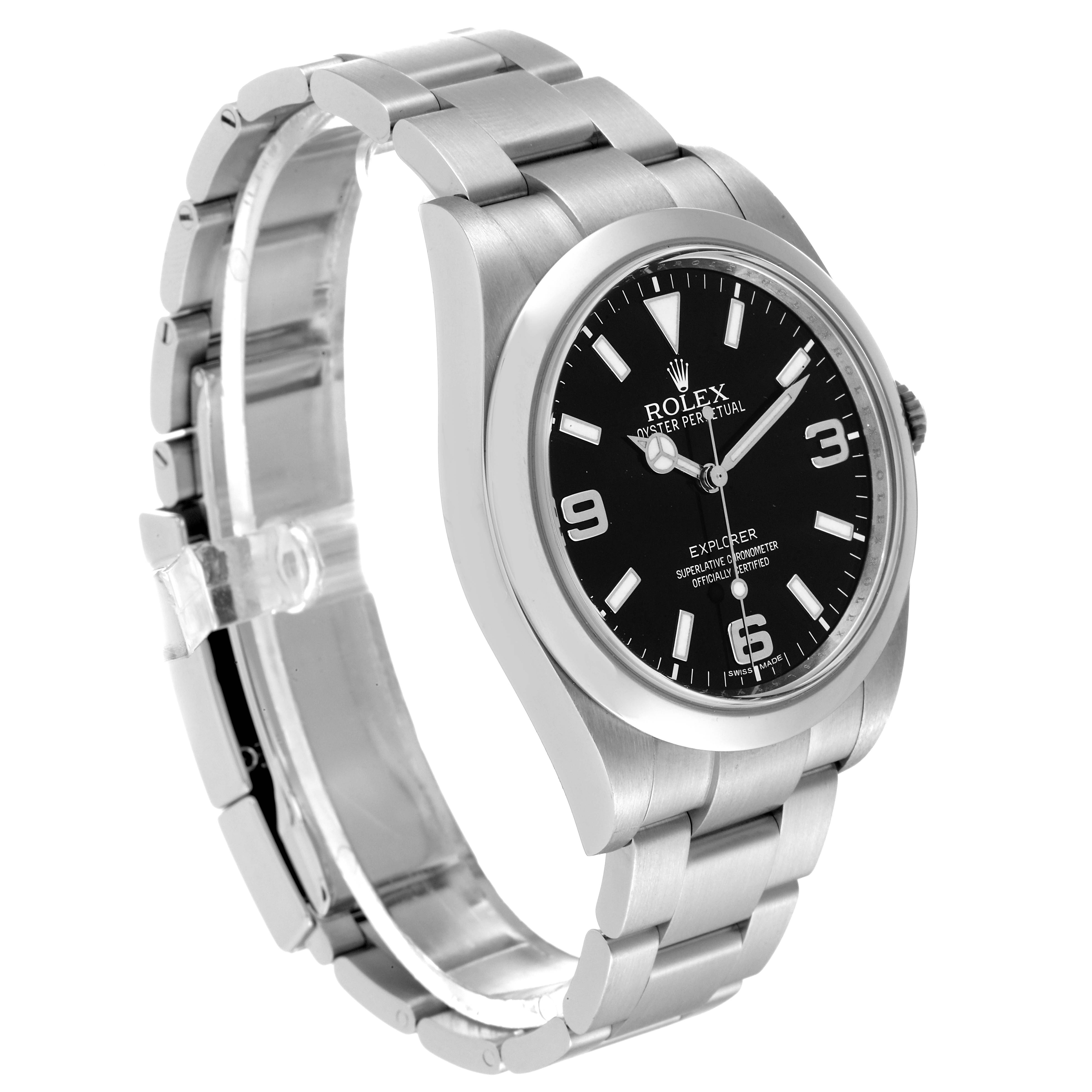 The image shows a side angle view of a Rolex Explorer 214270 Men's Stainless Steel Black Dial 214270 Men's Stainless Steel Black Dial watch, highlighting the bracelet and black dial.