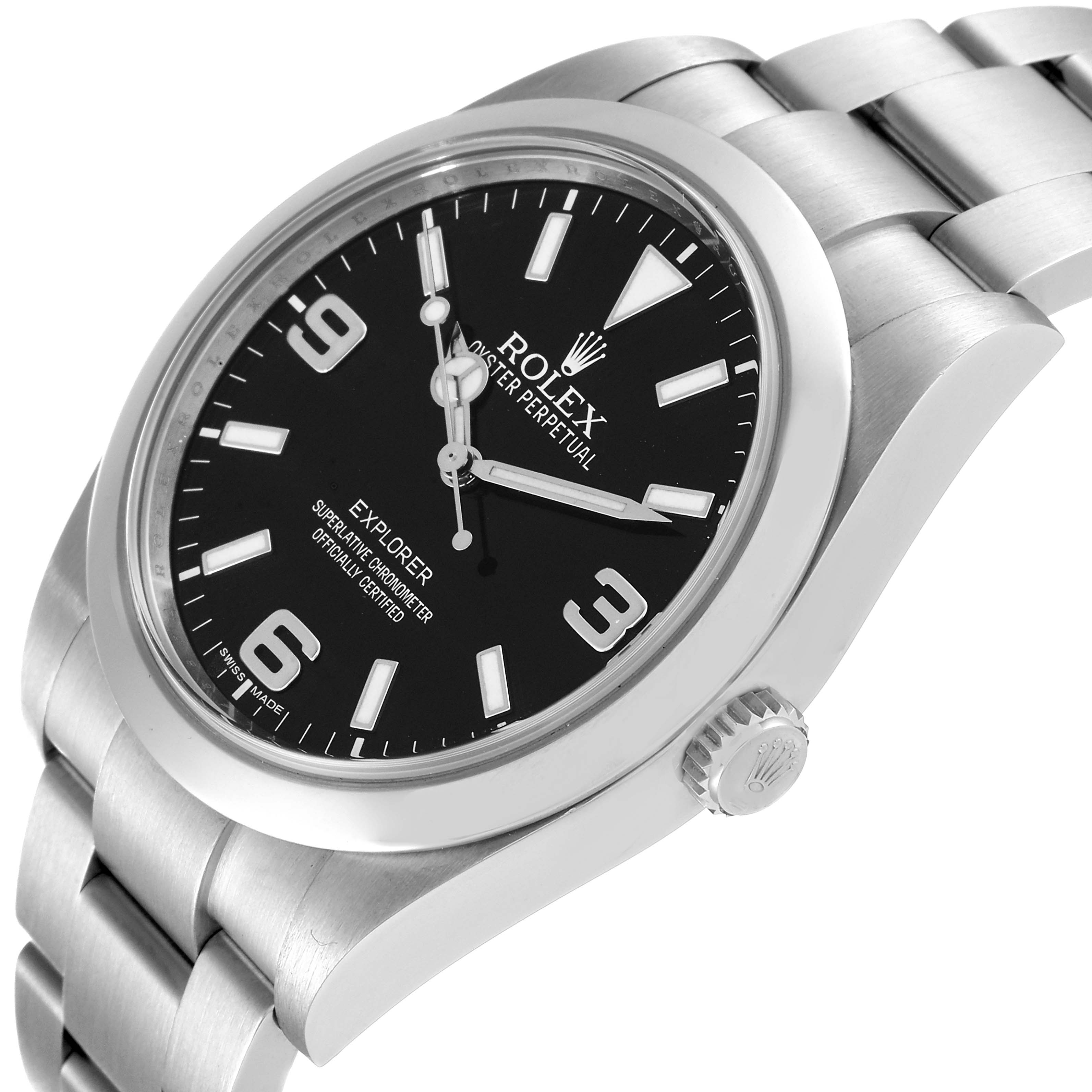The Rolex Explorer 214270 Men's Stainless Steel Black Dial 214270 Men's Stainless Steel Black Dial watch is shown at a slight angle, highlighting the black dial, hour markers, and part of the bracelet.