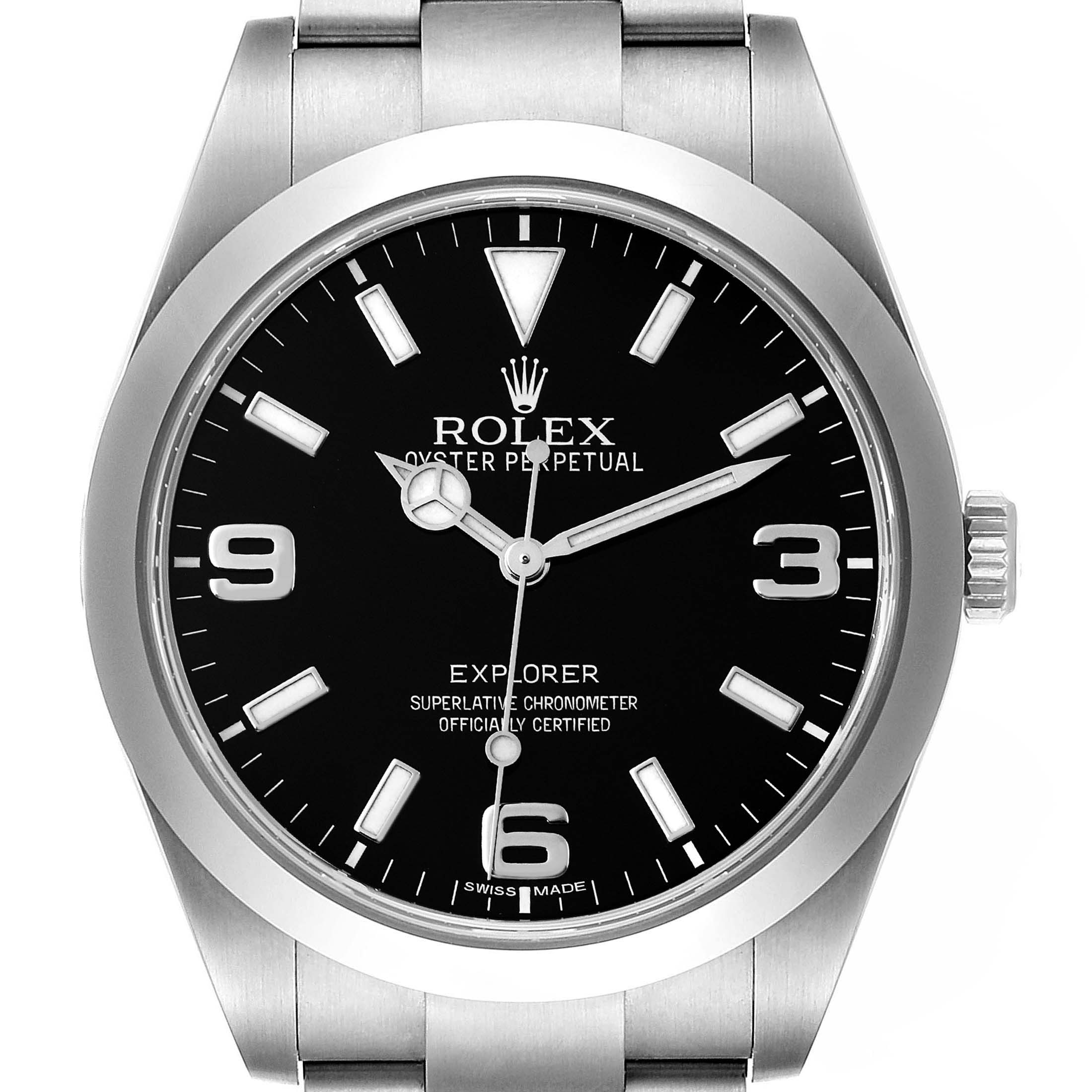 This image shows a frontal view of the Rolex Explorer 214270 Men's Stainless Steel Black Dial 214270 Men's Stainless Steel Black Dial watch, highlighting its black dial, silver hour markers, and stainless steel bracelet.
