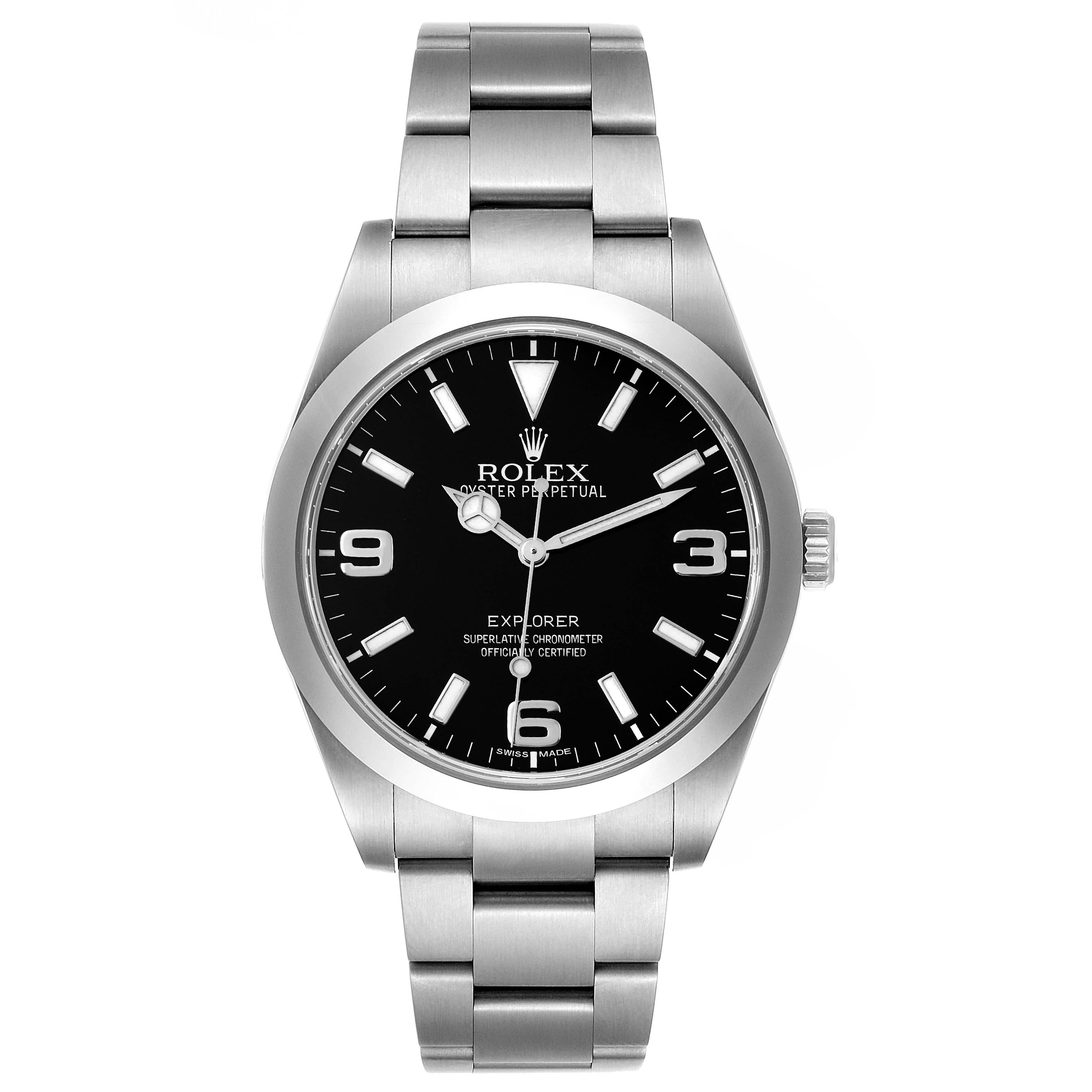 This is a front-view image of a Rolex Explorer 214270 Men's Stainless Steel Black Dial 214270 Men's Stainless Steel Black Dial watch, highlighting the dial, bezel, and bracelet.