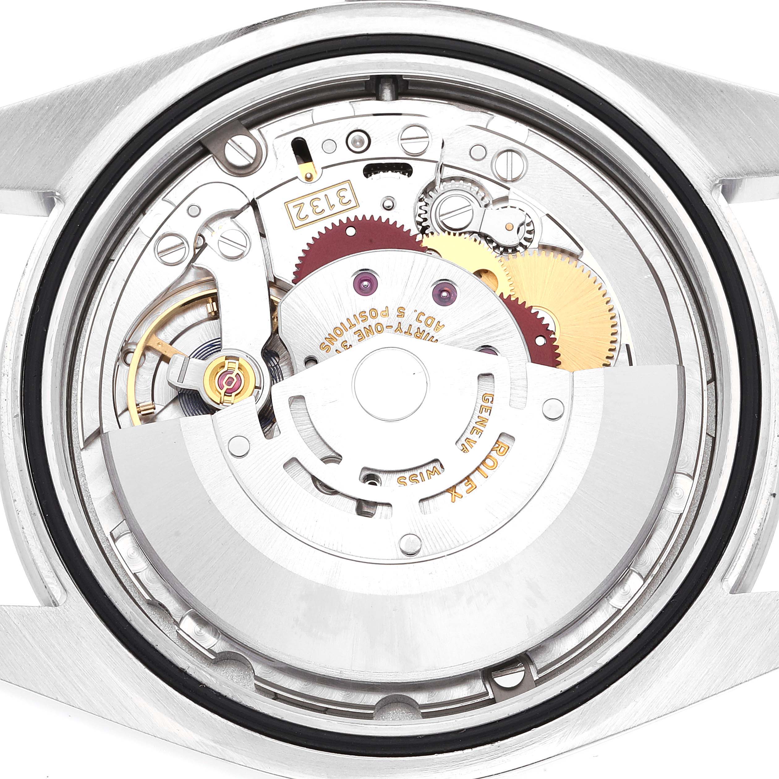 The image shows the intricate internal mechanism and movement of a Rolex Explorer 214270 Men's Stainless Steel Black Dial 214270 Men's Stainless Steel Black Dial model from a straight-on angle.