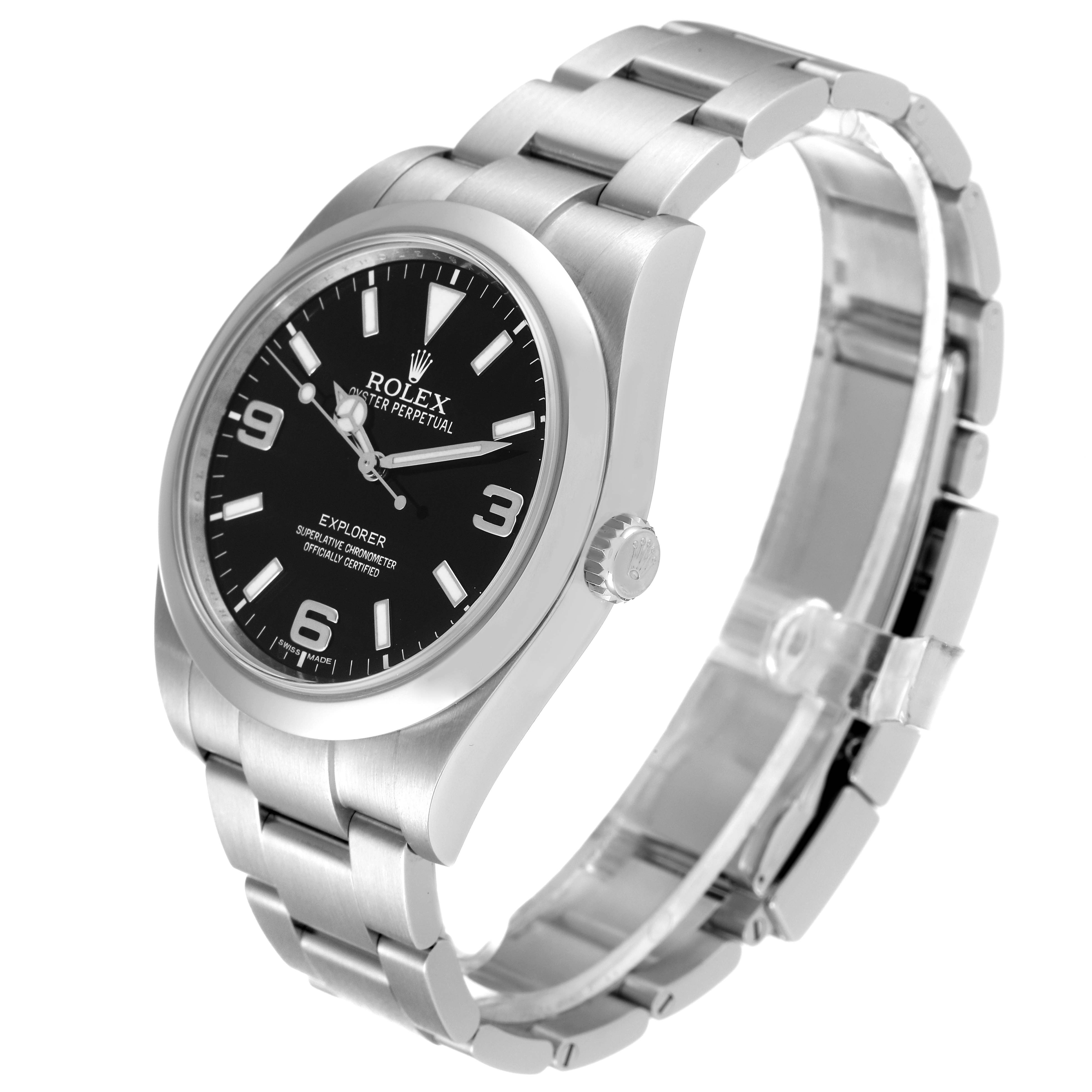 The image shows a side angle view of the Rolex Explorer 214270 Men's Stainless Steel Black Dial 214270 Men's Stainless Steel Black Dial watch, highlighting the face, bezel, crown, and bracelet.