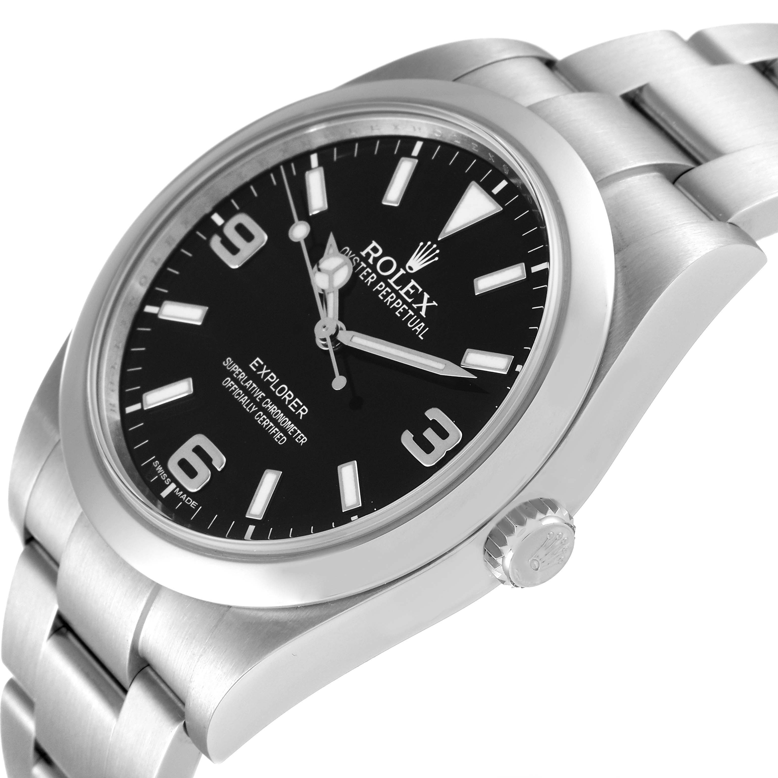 This image shows a side angle of the Rolex Explorer 214270 Men's Stainless Steel Black Dial 214270 Men's Stainless Steel Black Dial watch, highlighting its black dial, crown, and metallic bracelet.