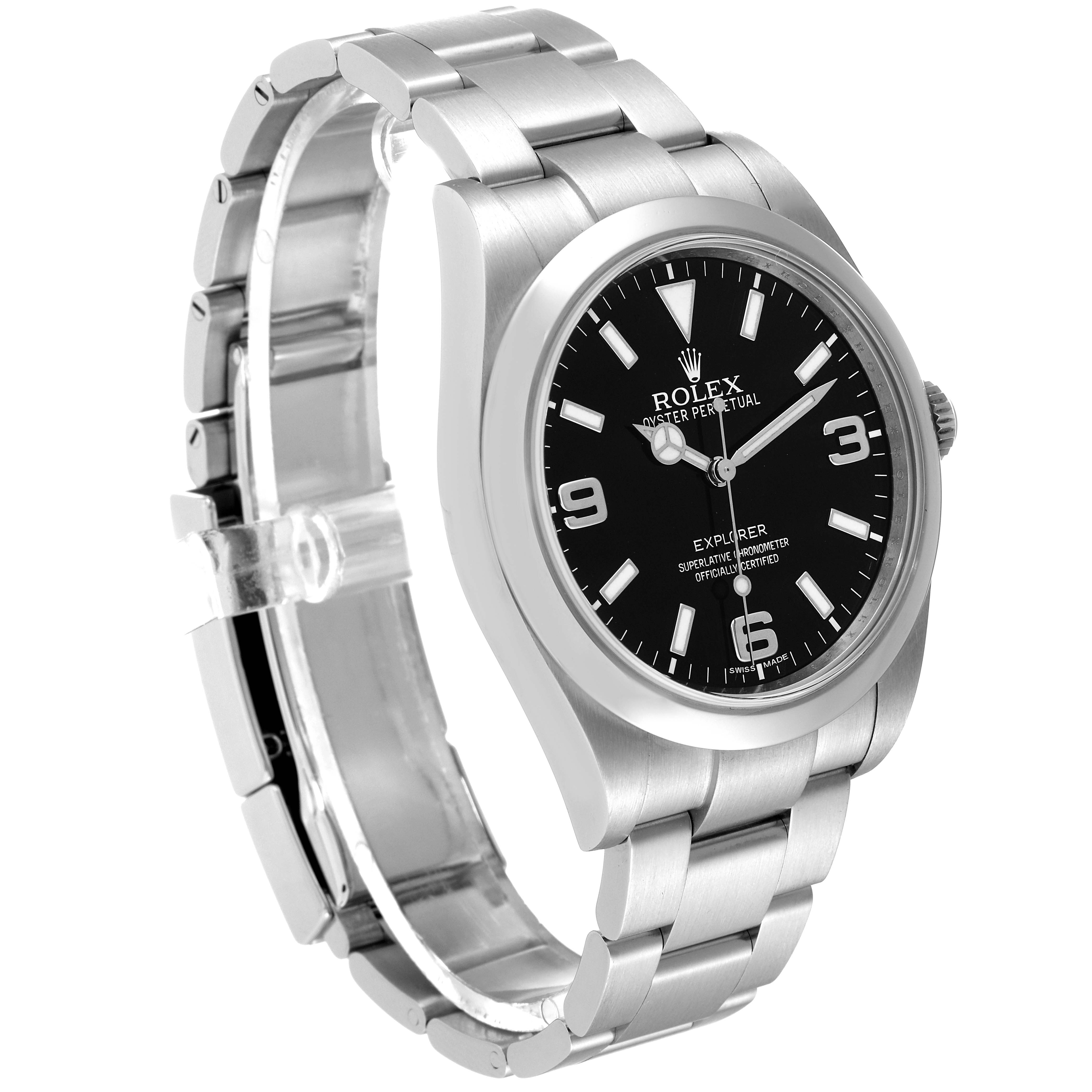 The Rolex Explorer 214270 Men's Stainless Steel Black Dial 214270 Men's Stainless Steel Black Dial watch is shown at a slight angle displaying the dial, bezel, and bracelet.