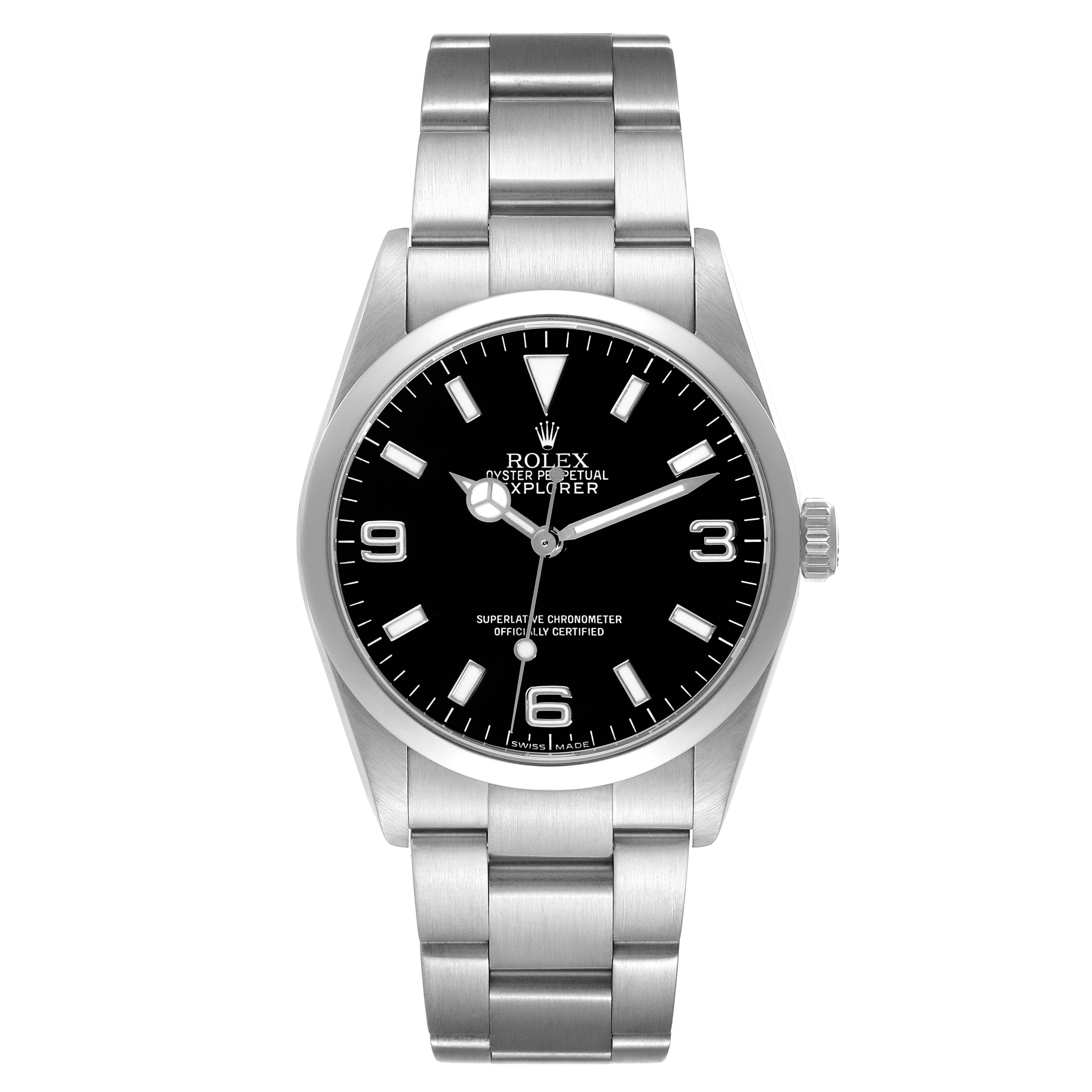 This image shows a front view of a Rolex Explorer 114270 Men's Stainless Steel Black Dial 114270 Men's Stainless Steel Black Dial watch, displaying the face, bracelet, and crown.