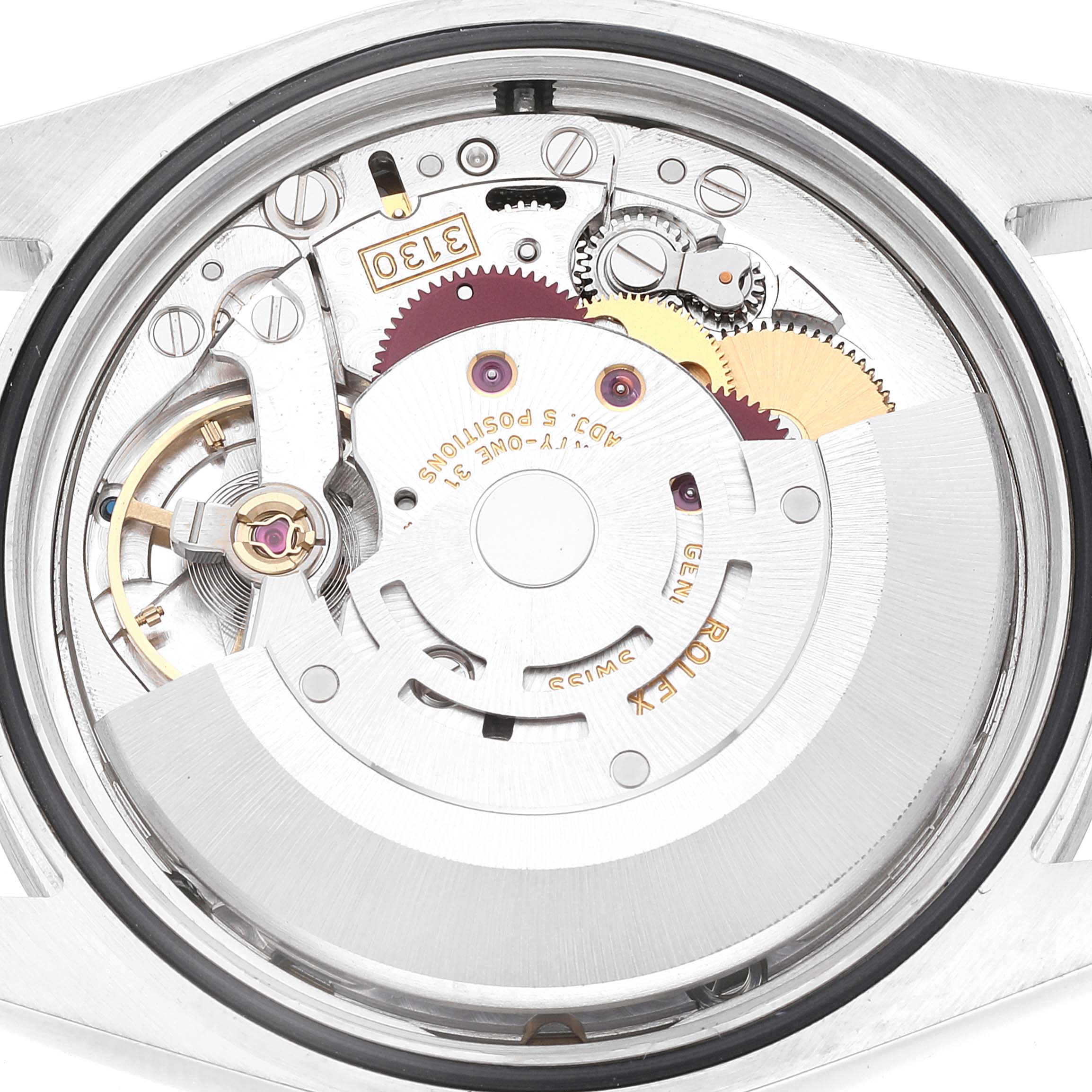 The image shows the inner mechanism and movement parts of a Rolex Explorer 114270 Men's Stainless Steel Black Dial 114270 Men's Stainless Steel Black Dial model watch from a back angle with the case removed.